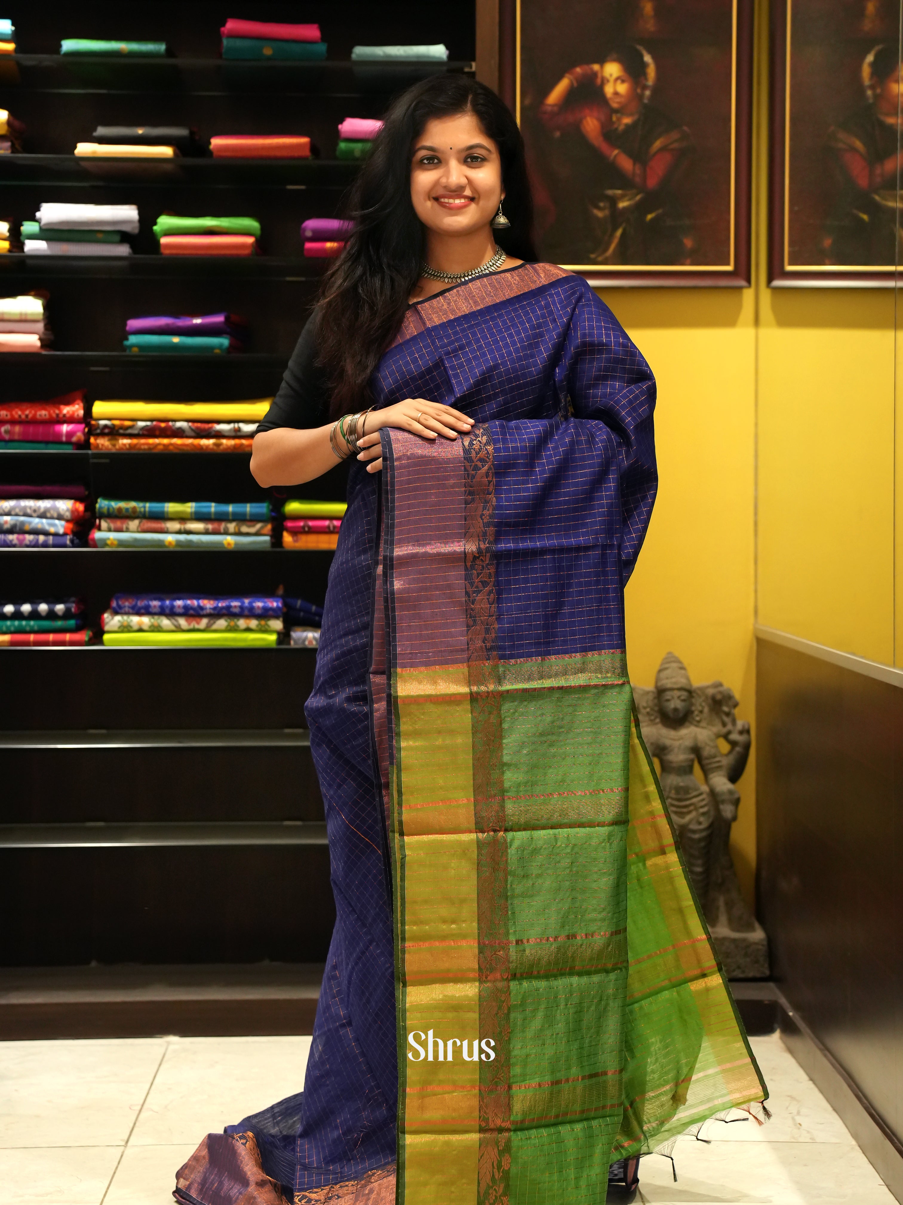 Blue & Green - Mercerized cotton Saree - Shop on ShrusEternity.com