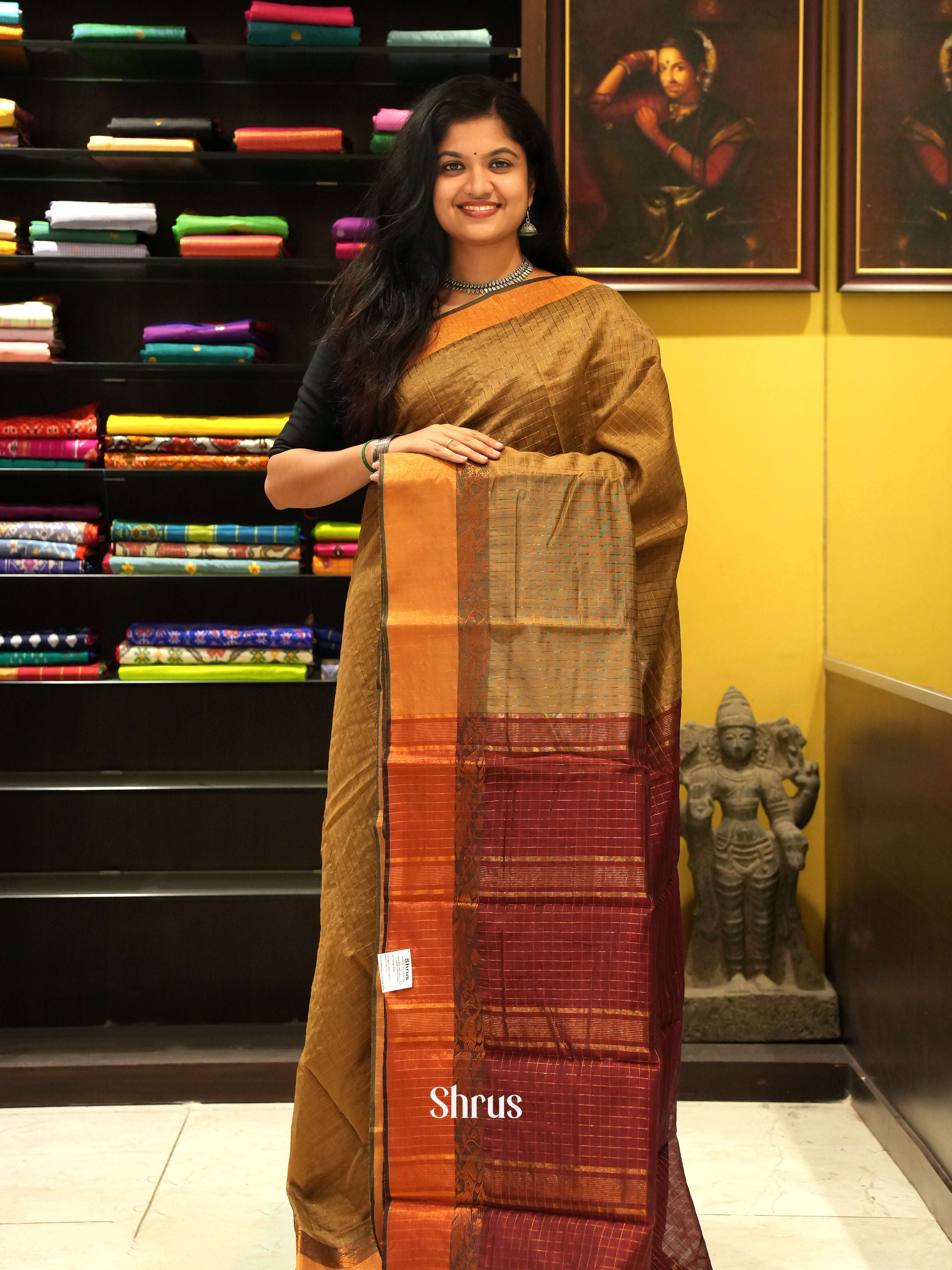 Beige & Maroon - Mercerized cotton Saree - Shop on ShrusEternity.com