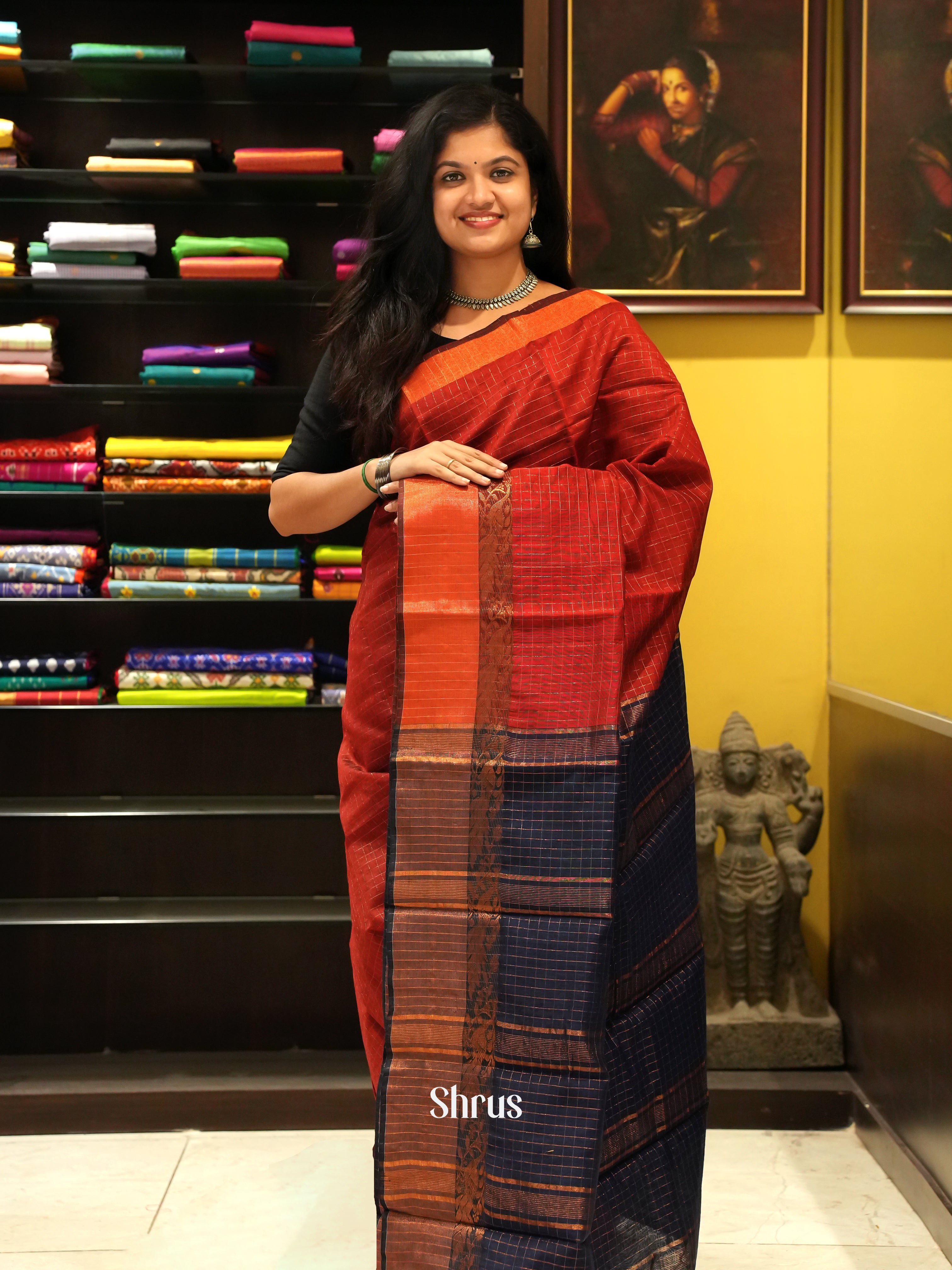 Red & Blue - Mercerized cotton Saree - Shop on ShrusEternity.com