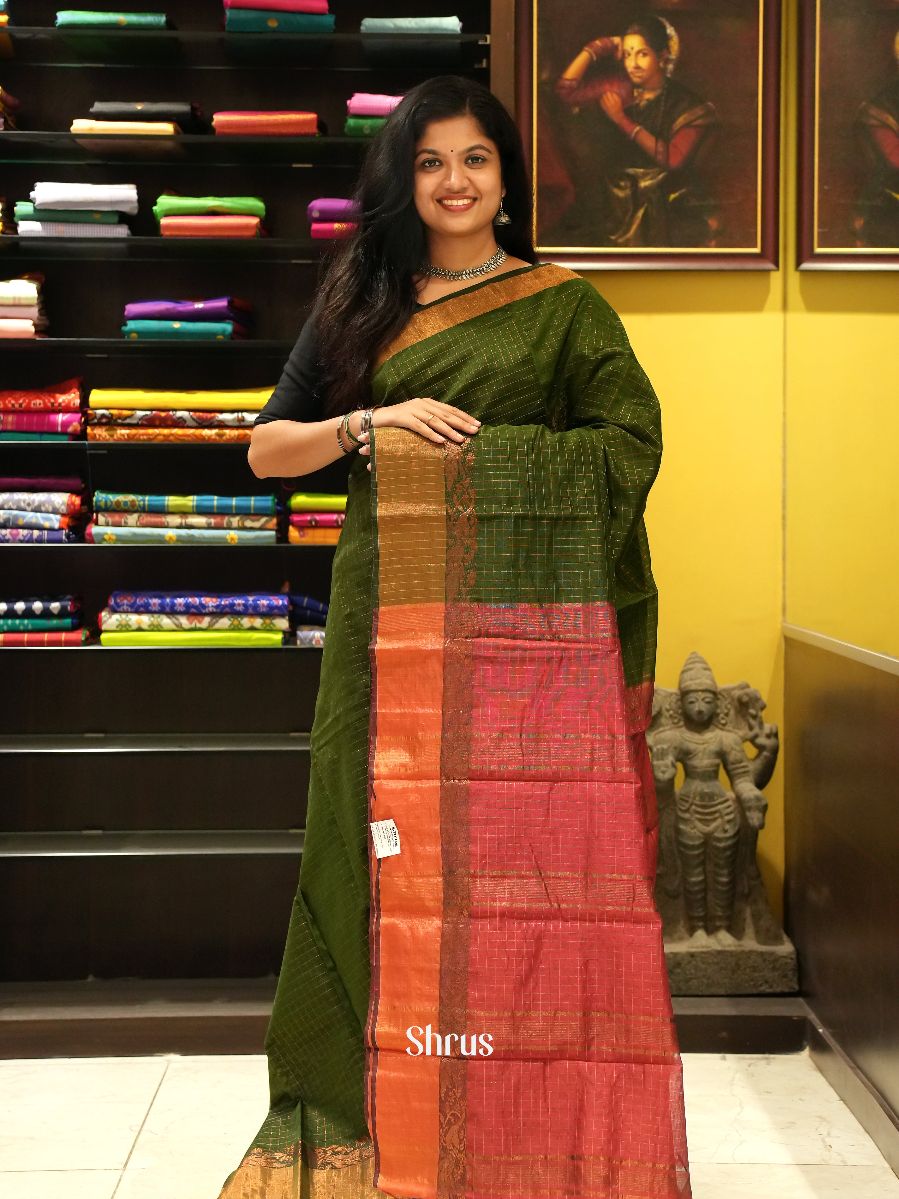 Green & Red - Mercerized cotton Saree - Shop on ShrusEternity.com