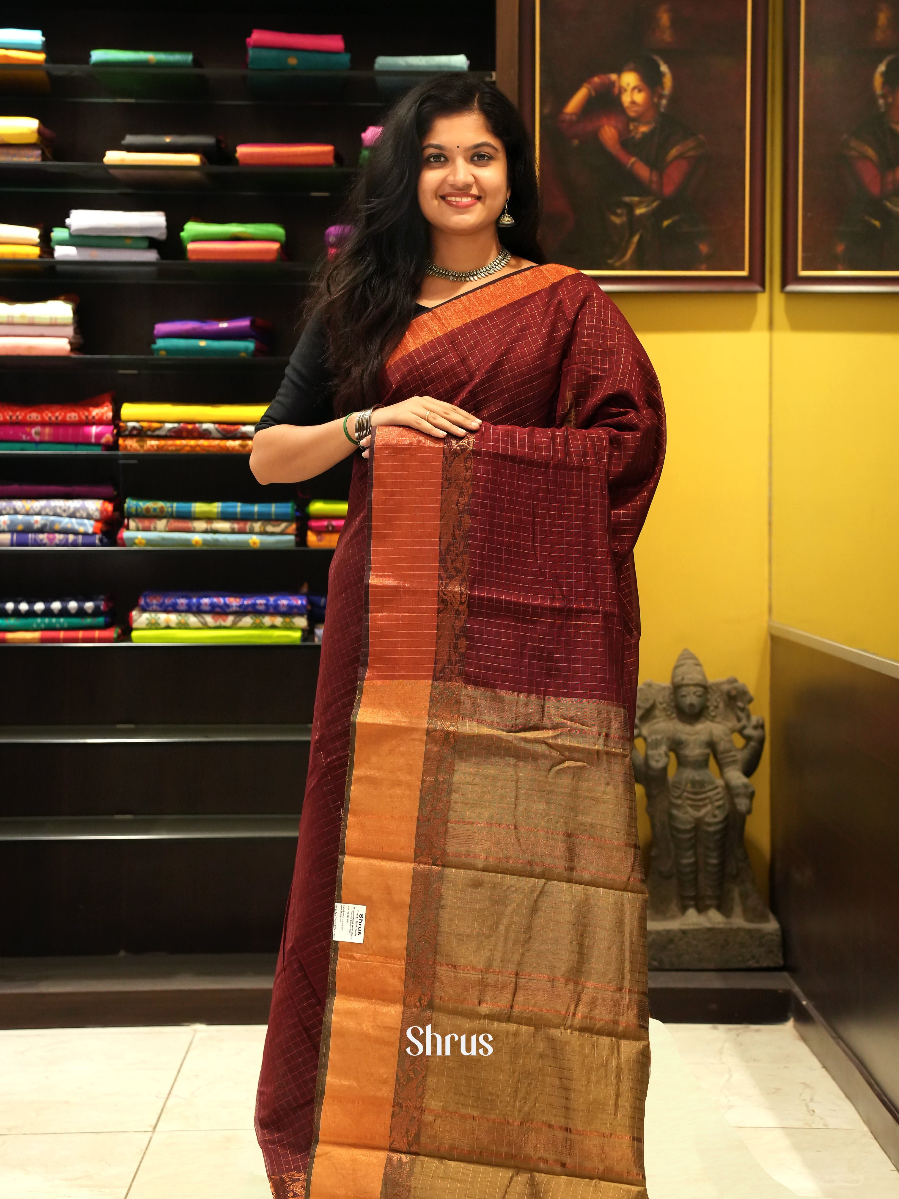 Maroon & Brown- Mercerized cotton Saree - Shop on ShrusEternity.com