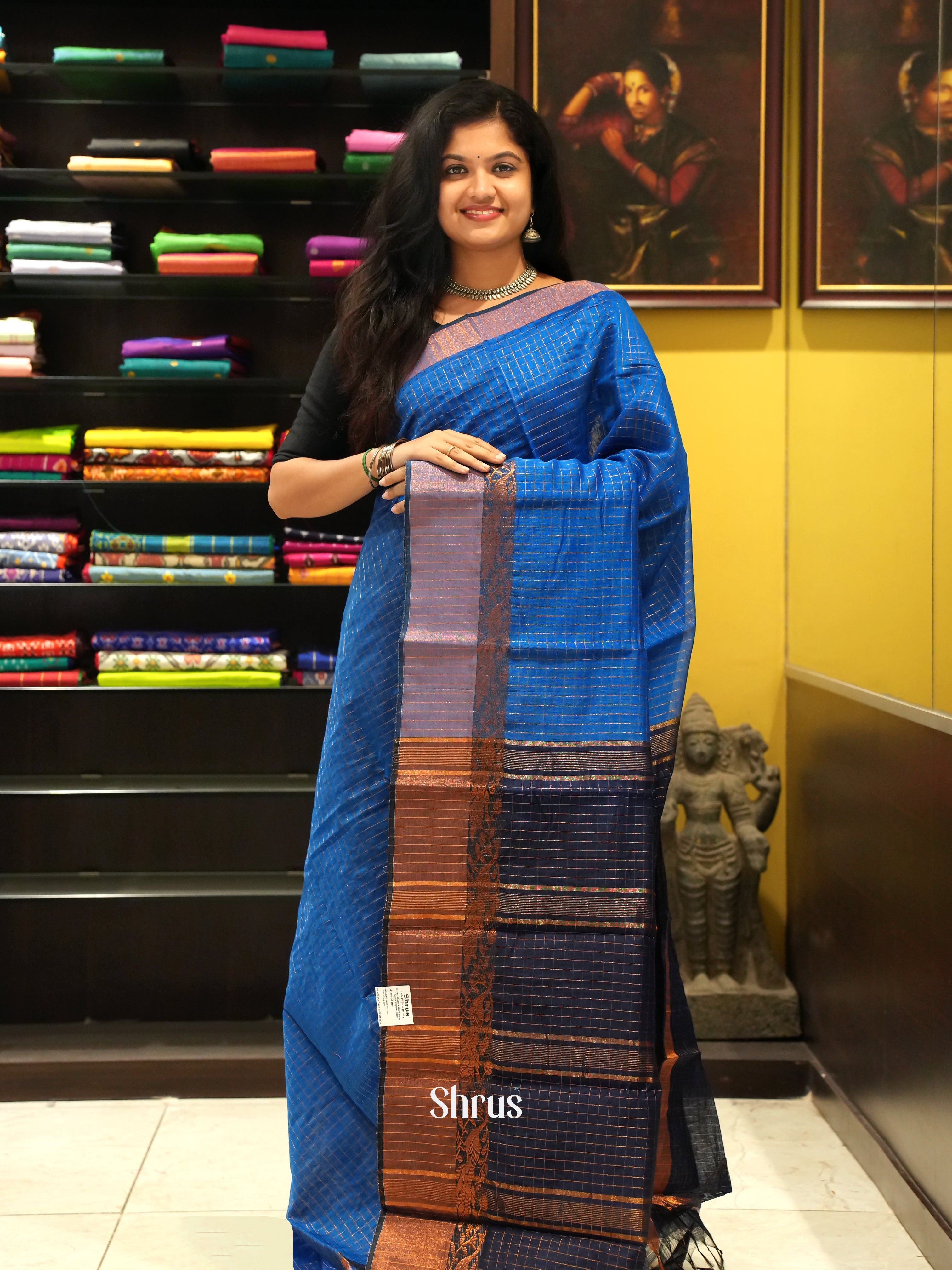 Blue & Navy Blue - Mercerized cotton Saree - Shop on ShrusEternity.com