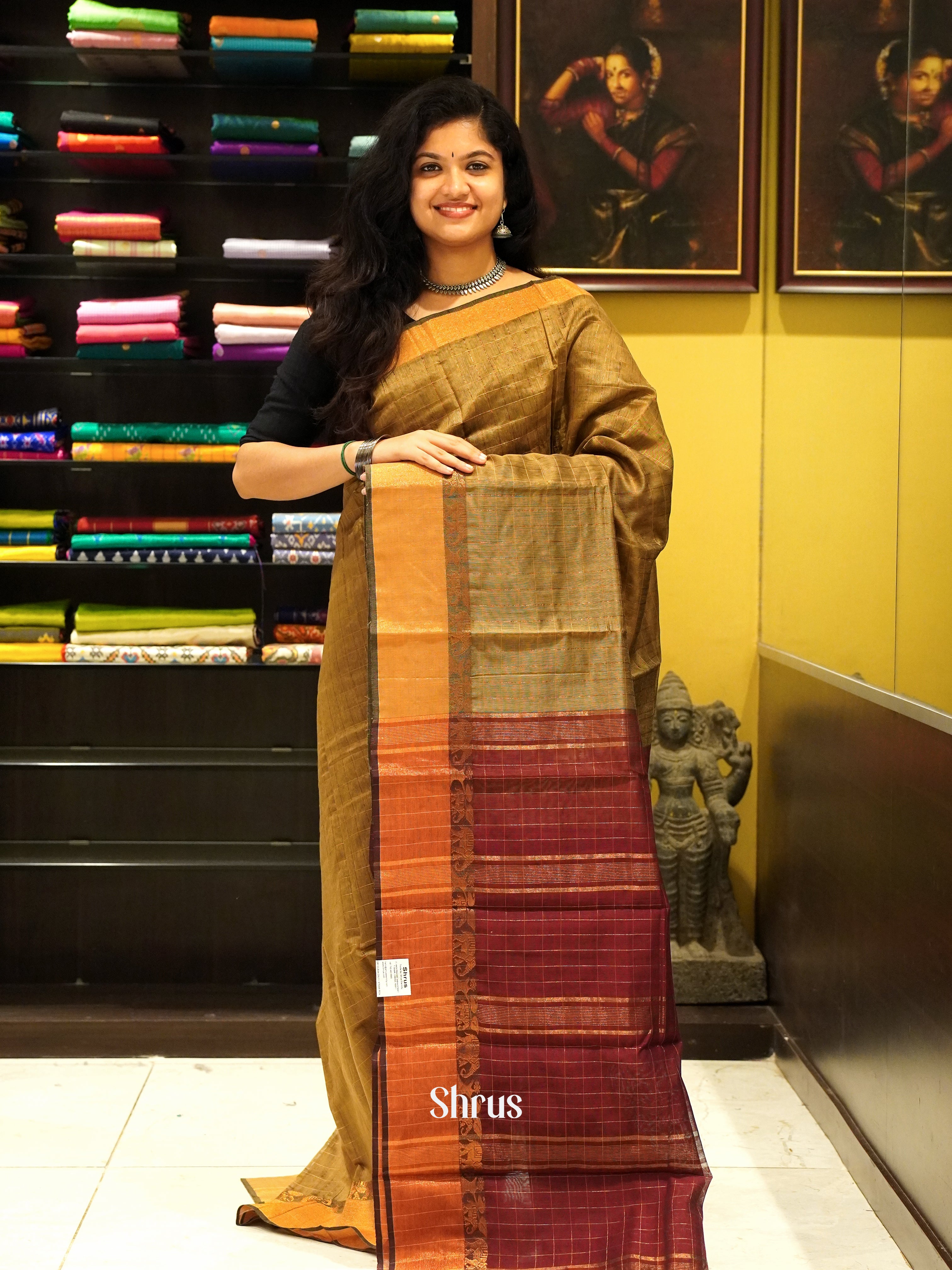Beige & Maroon - Mercerized Cotton Saree - Shop on ShrusEternity.com