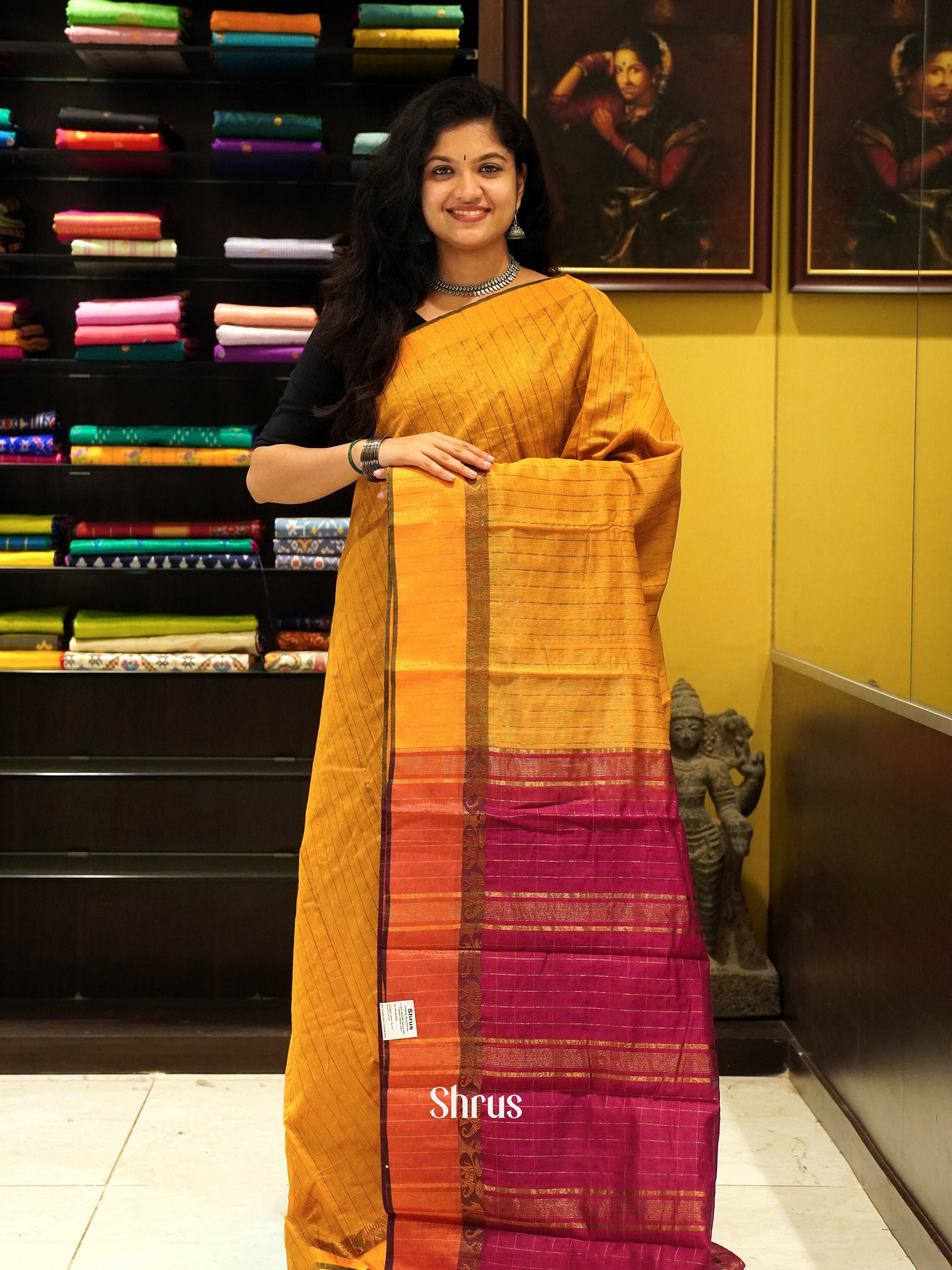 Mustard & Maroon - Mercerized Cotton Saree - Shop on ShrusEternity.com