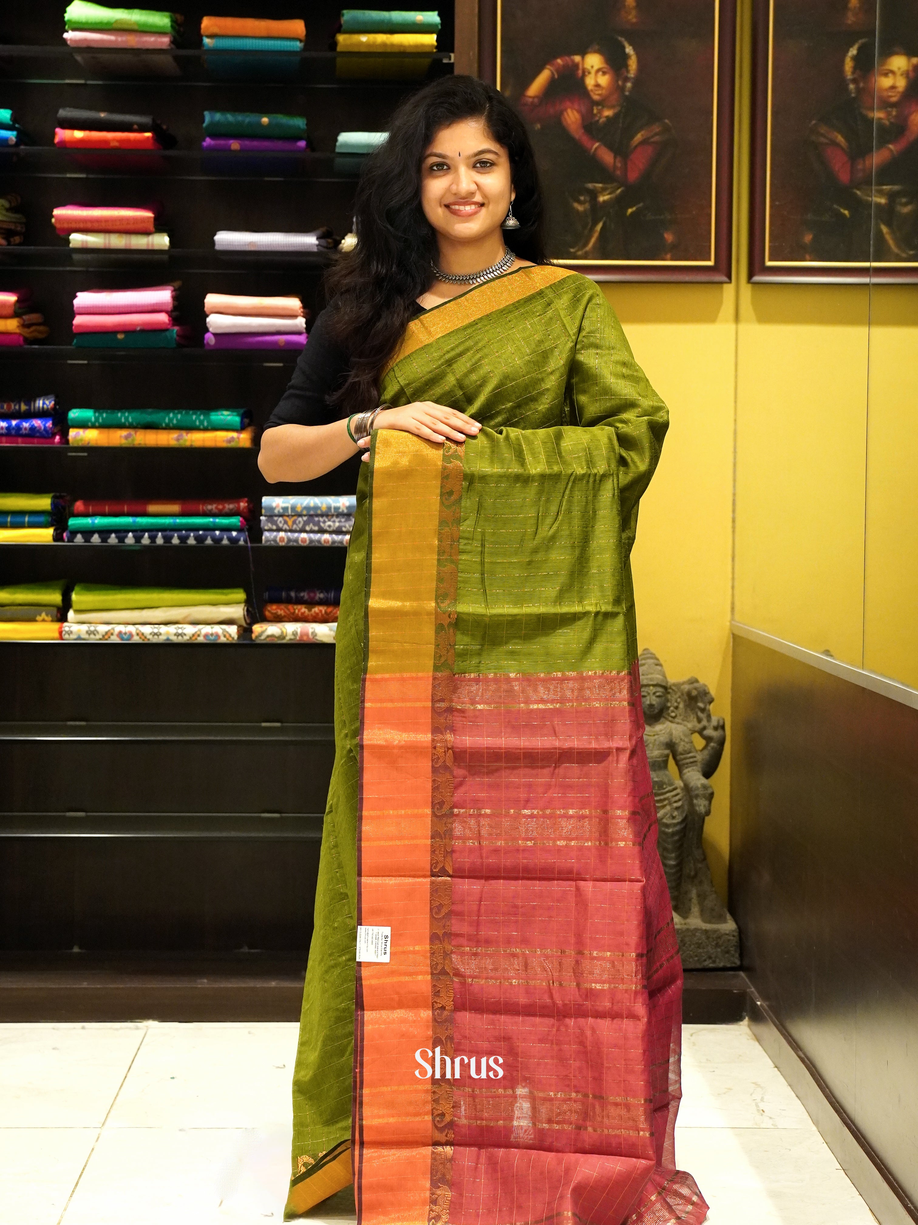 Green & Red - Mercerized Cotton Saree - Shop on ShrusEternity.com