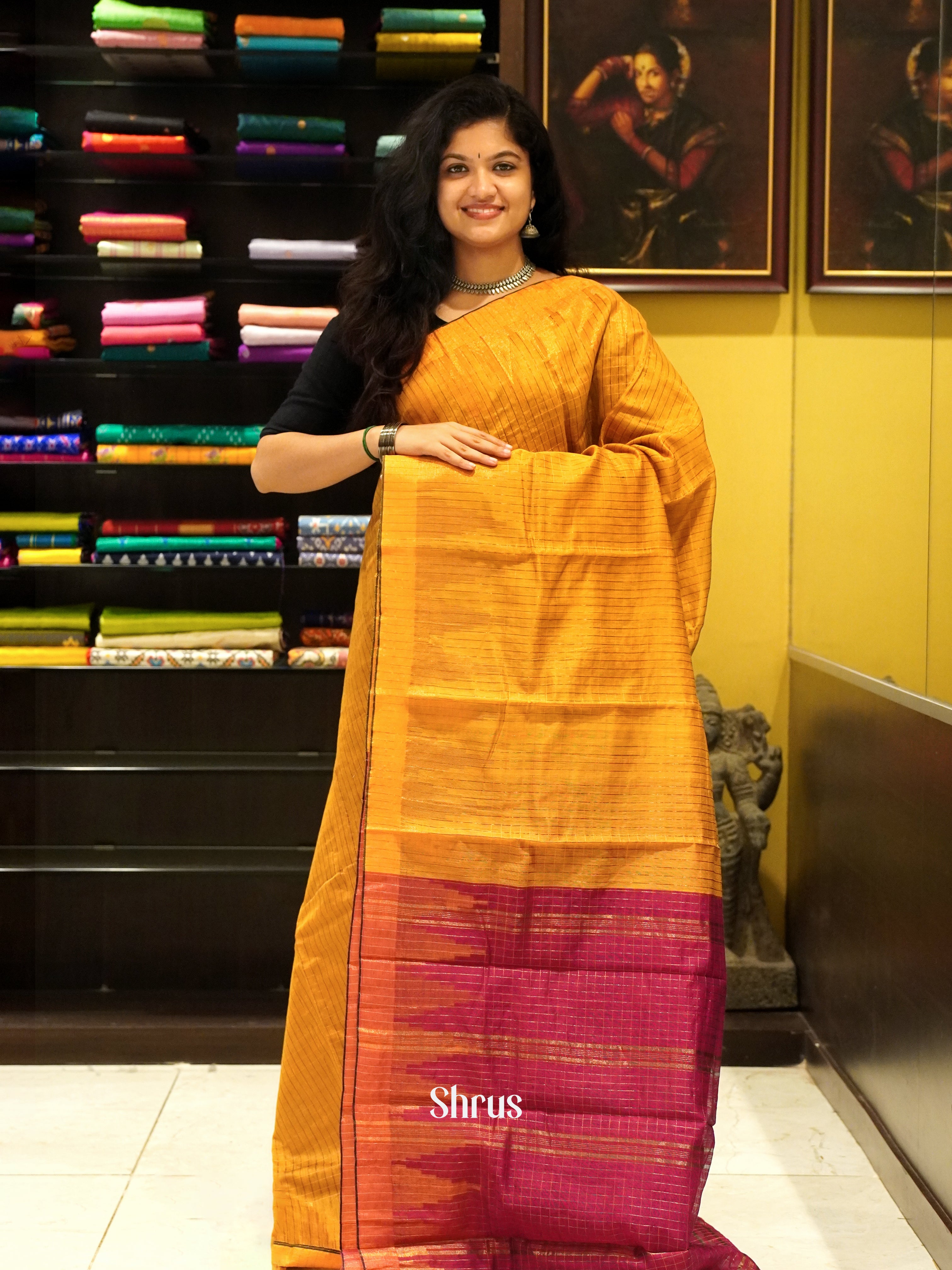 Mustard & Maroon - Mercerized Cotton Saree - Shop on ShrusEternity.com