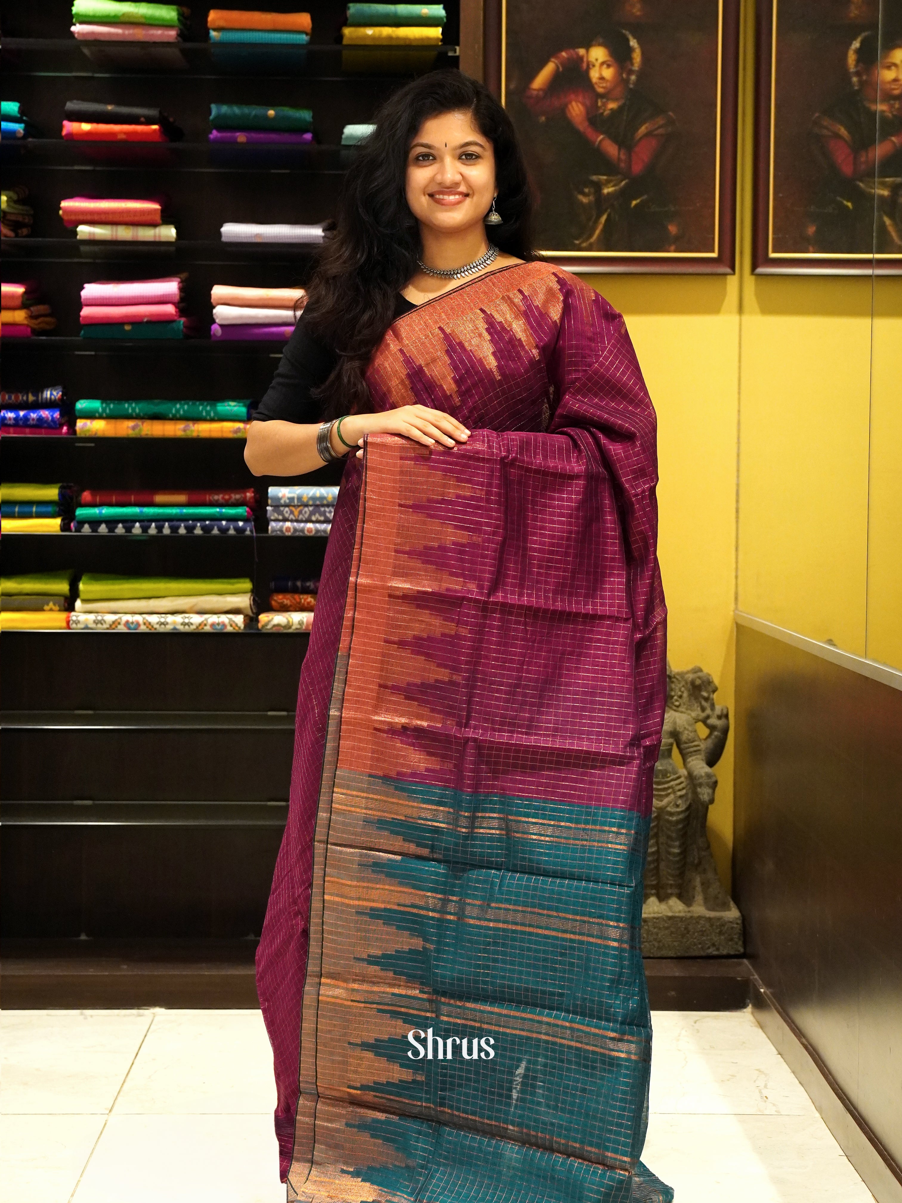 Maroon & Green - Mercerized Cotton Saree - Shop on ShrusEternity.com