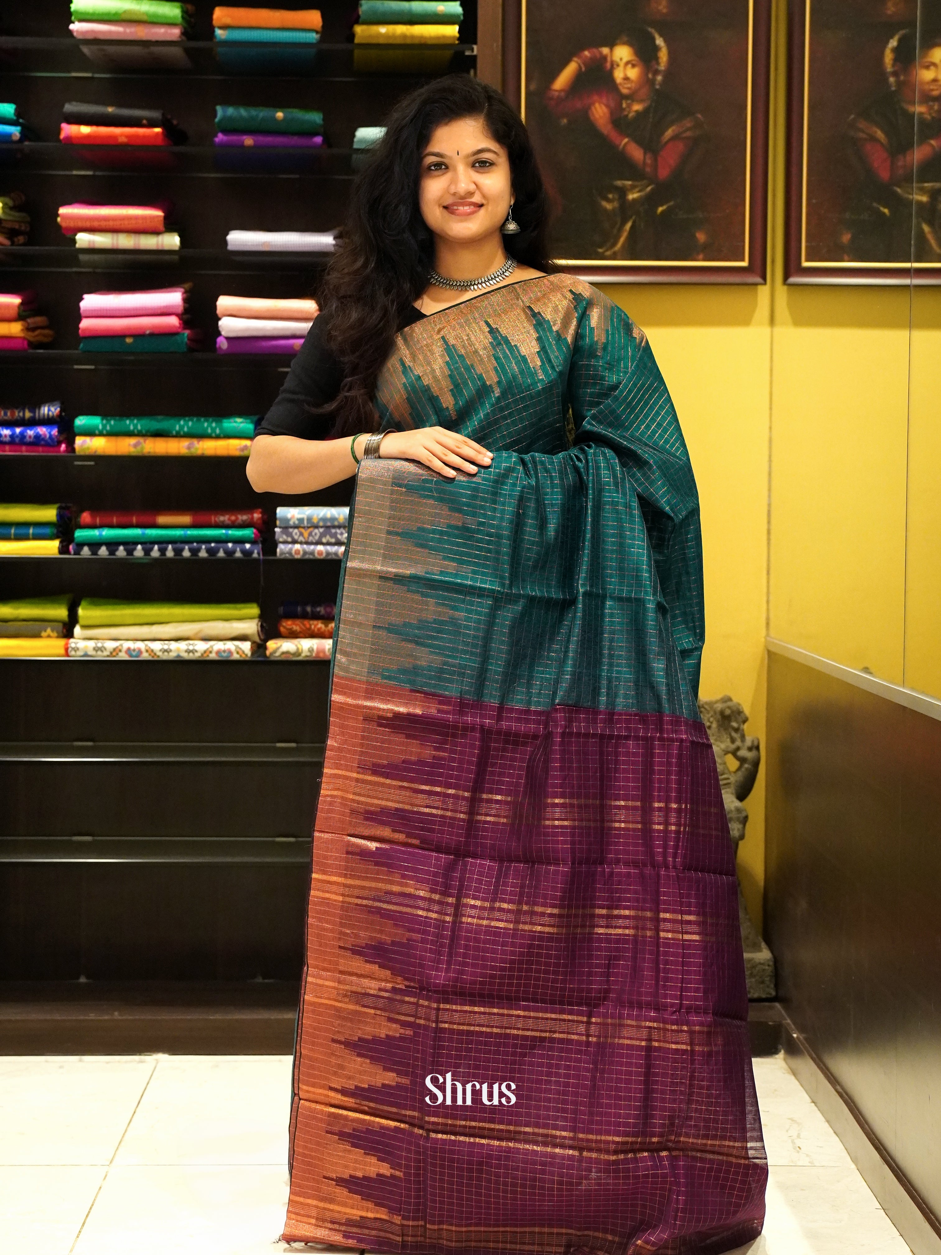 Peacock Green & Maroon - Mercerized Cotton Saree - Shop on ShrusEternity.com