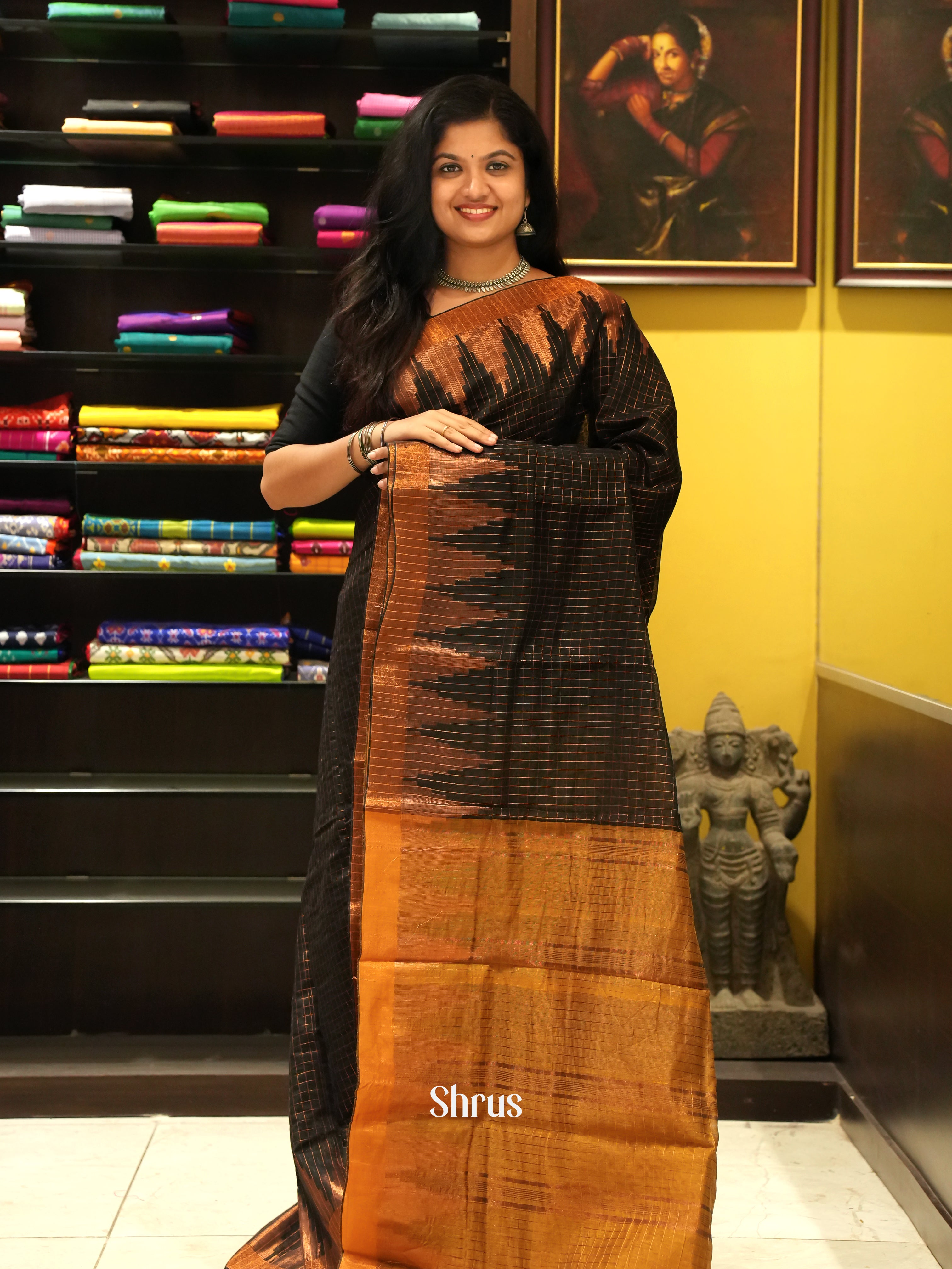 Black & Brown - Mercerized cotton Saree - Shop on ShrusEternity.com