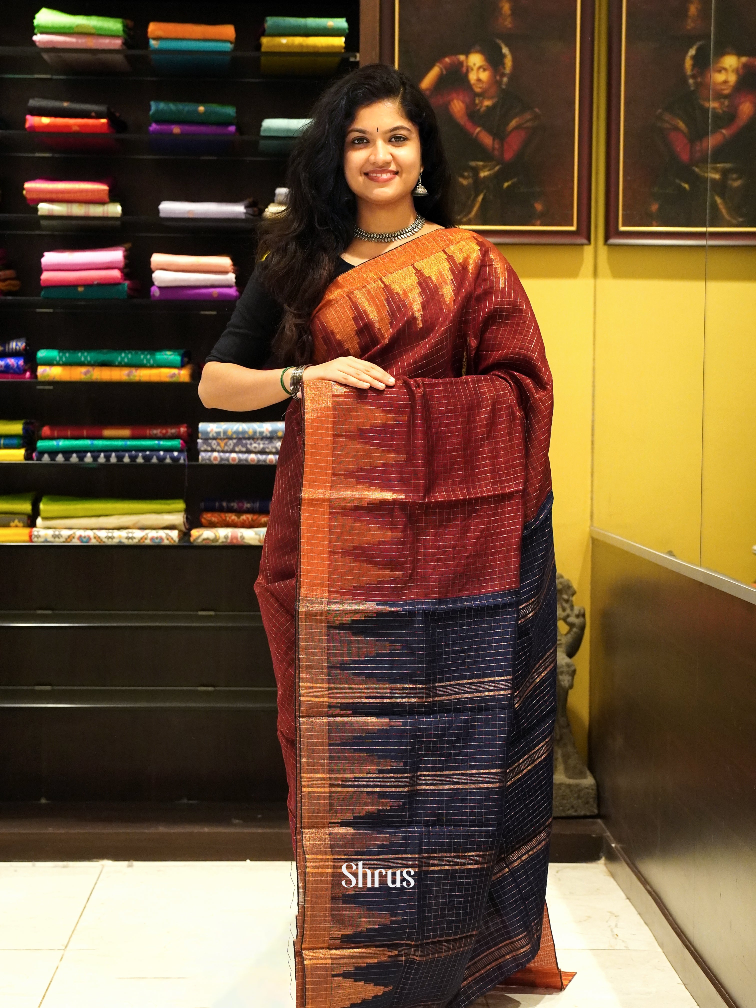 Maroon & Blue - Mercerized Cotton Saree - Shop on ShrusEternity.com