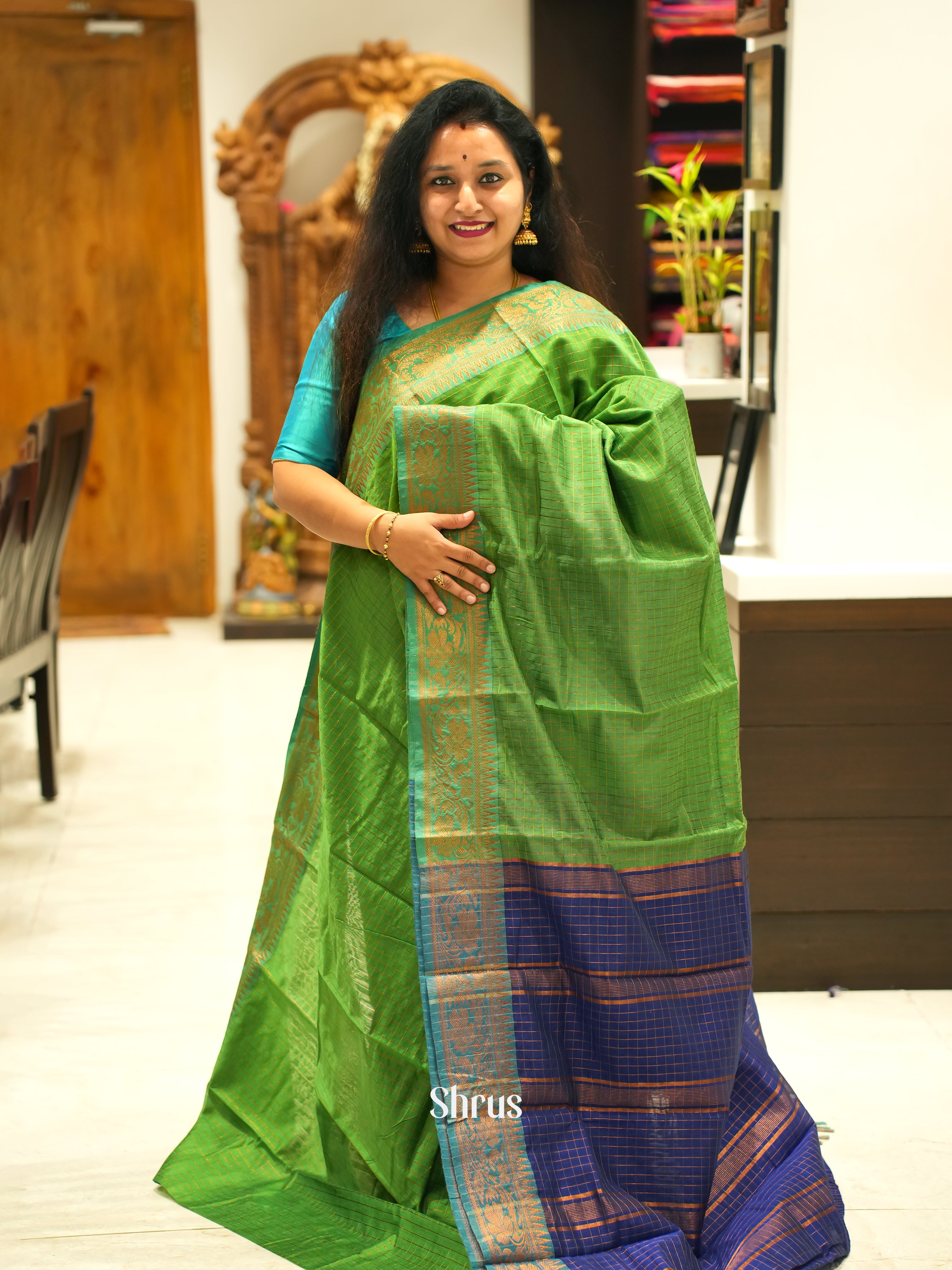 Green & Blue - Mercerized cotton Saree - Shop on ShrusEternity.com