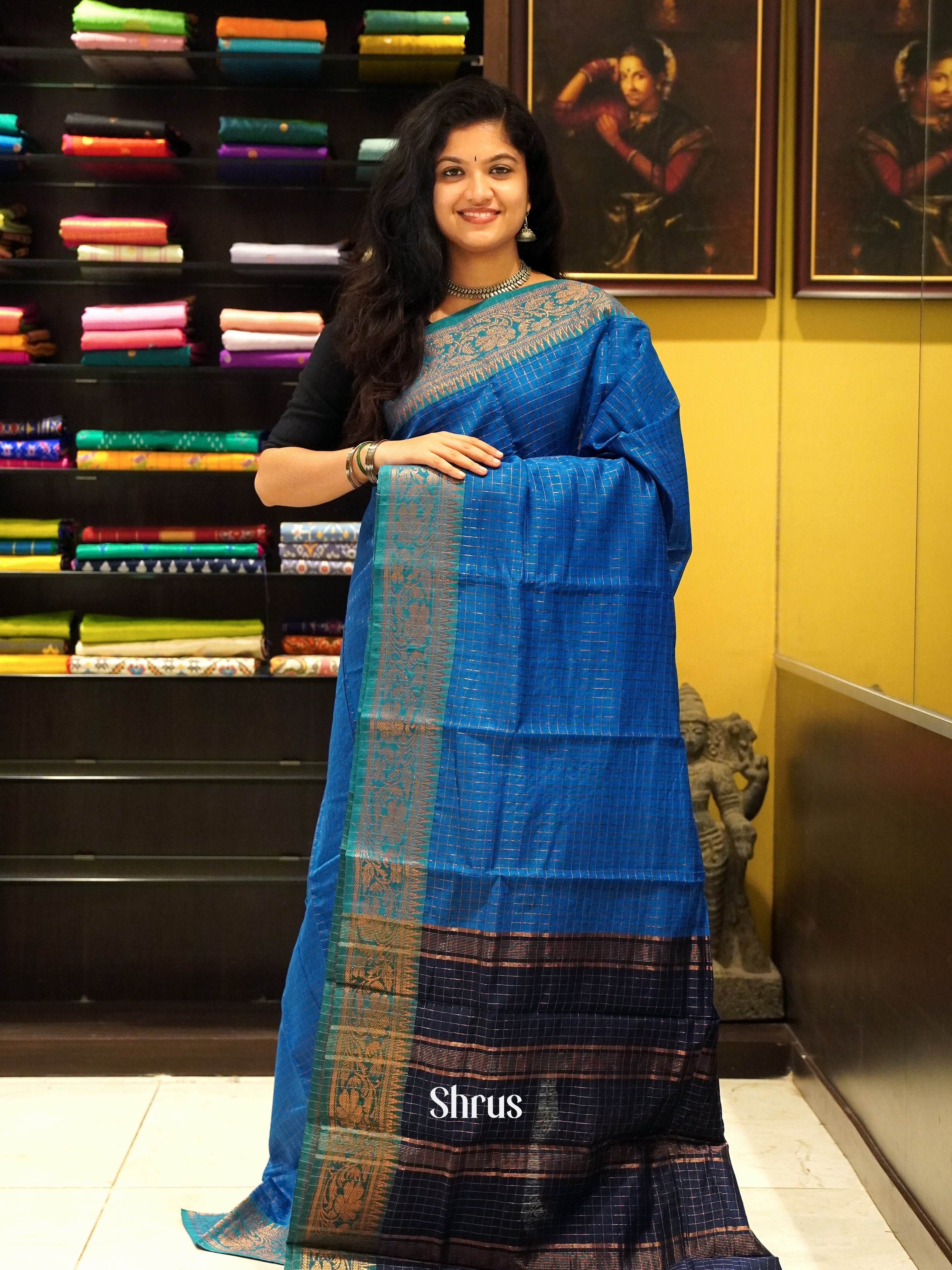 Blue & Navy Blue - Mercerized Cotton Saree - Shop on ShrusEternity.com