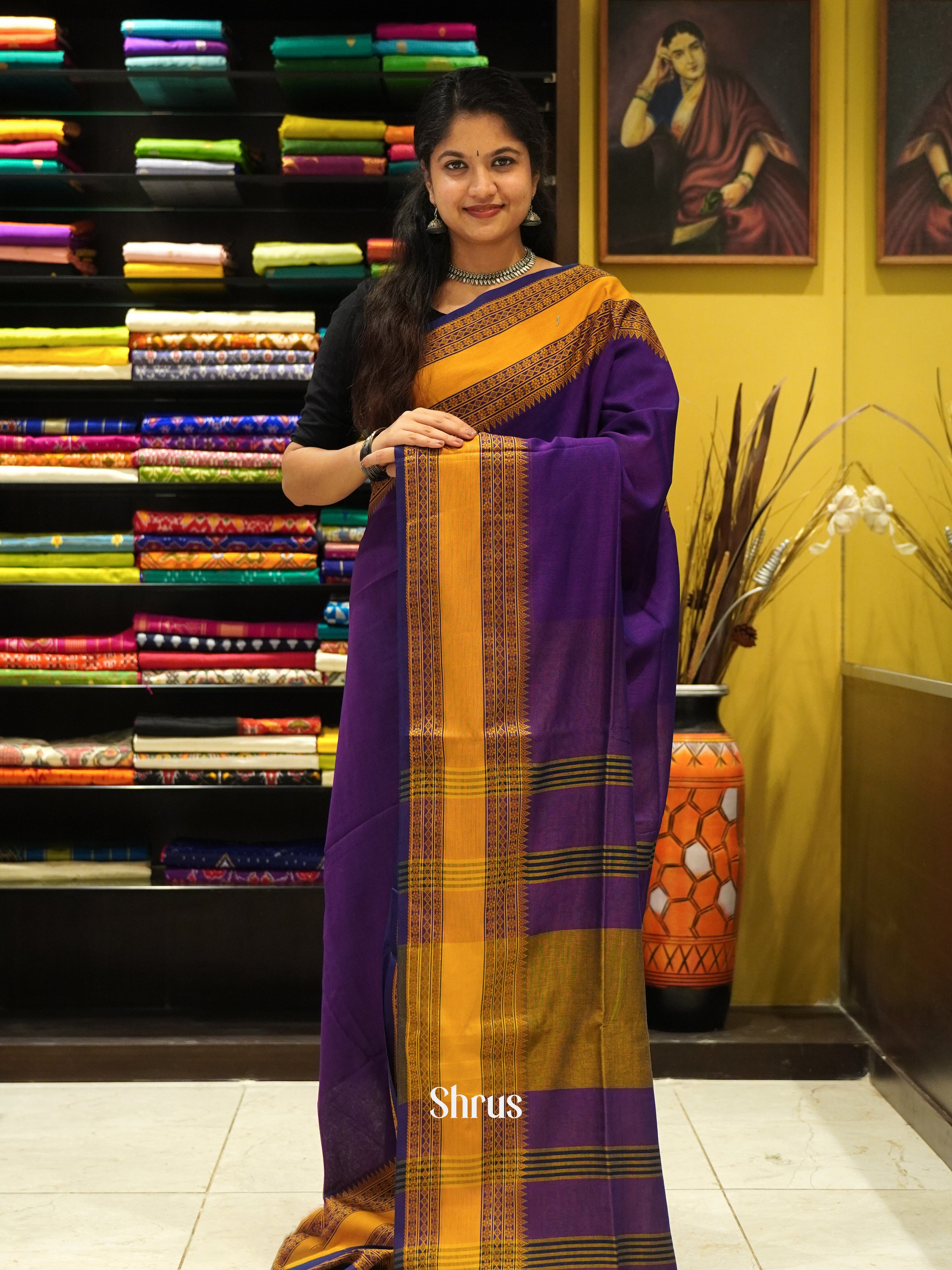 Violet & Mustard - Bengal cotton Saree - Shop on ShrusEternity.com
