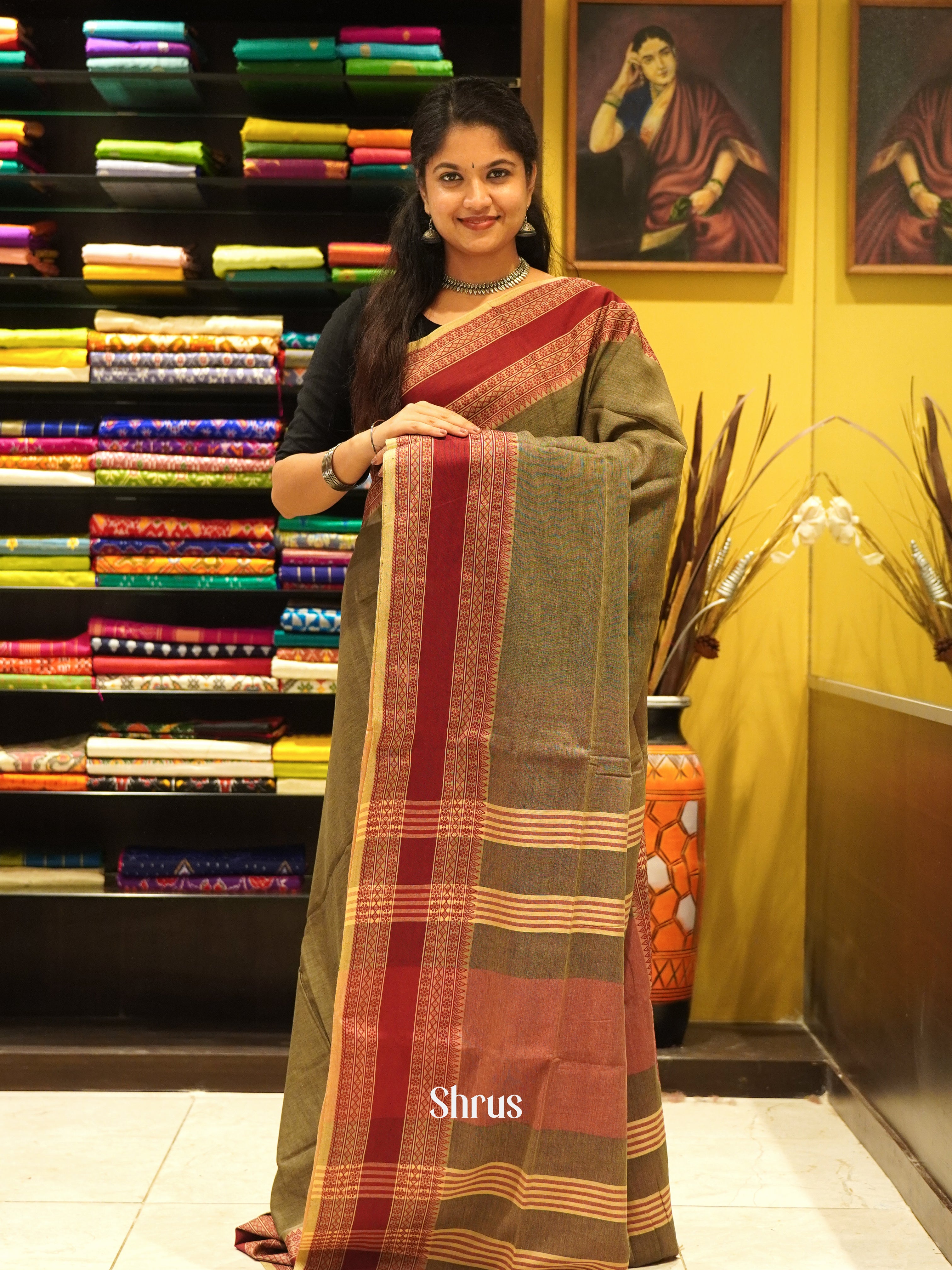 Grey Green & Maroon - Bengal cotton Saree - Shop on ShrusEternity.com