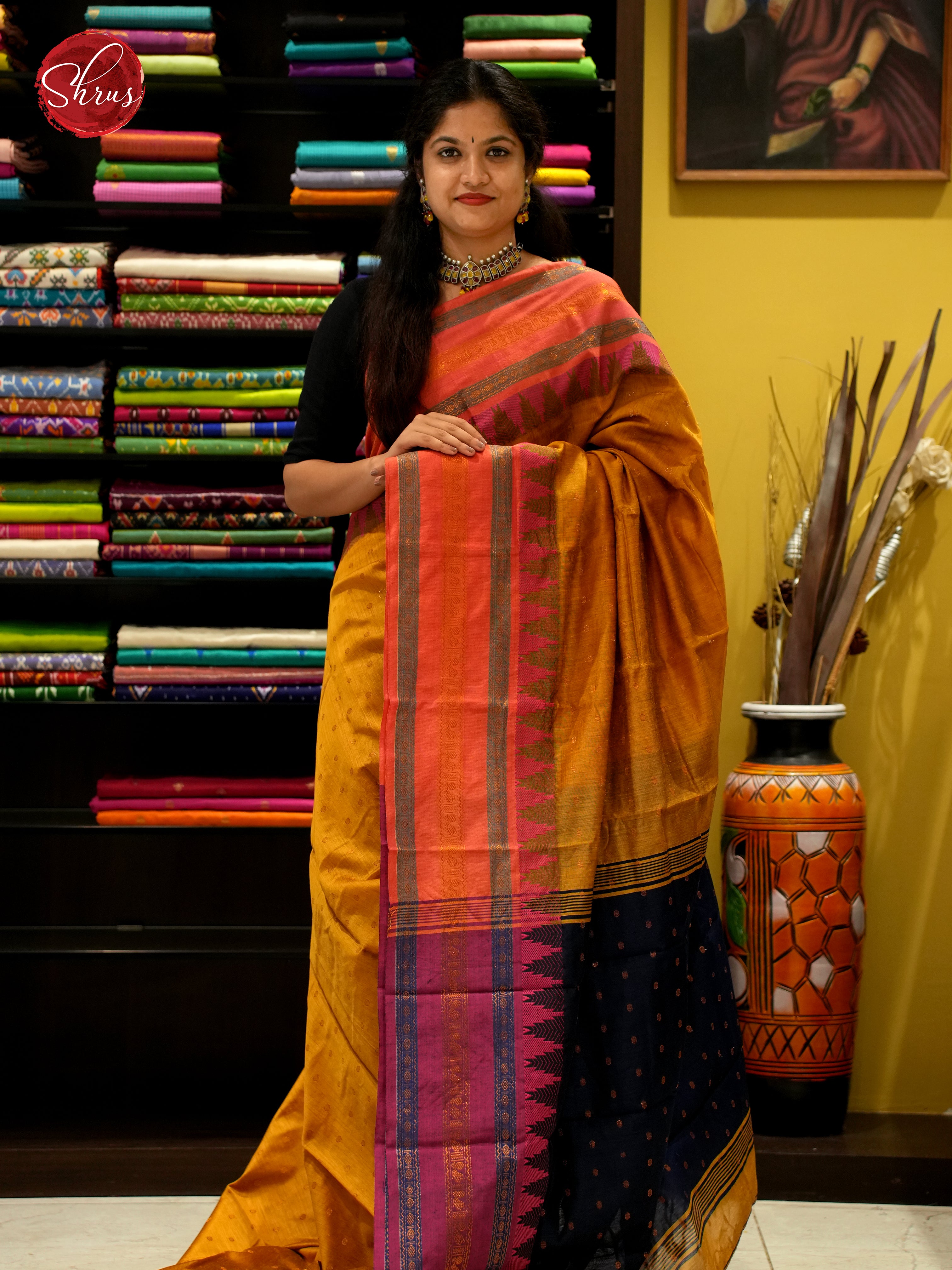 Mustard & Black - Mercerized Cotton Saree - Shop on ShrusEternity.com