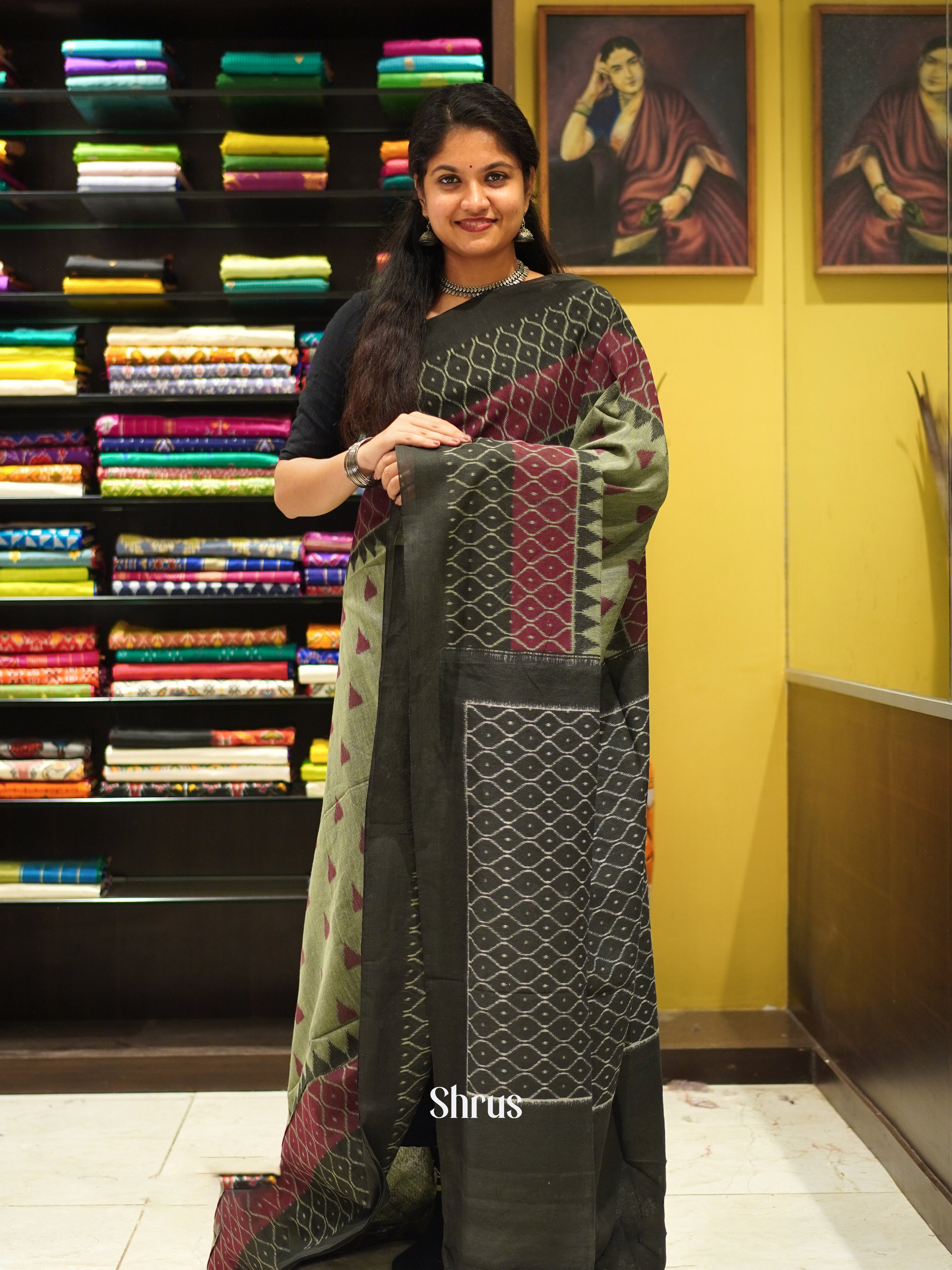 Grey Green & Black - Bengal cotton Saree - Shop on ShrusEternity.com