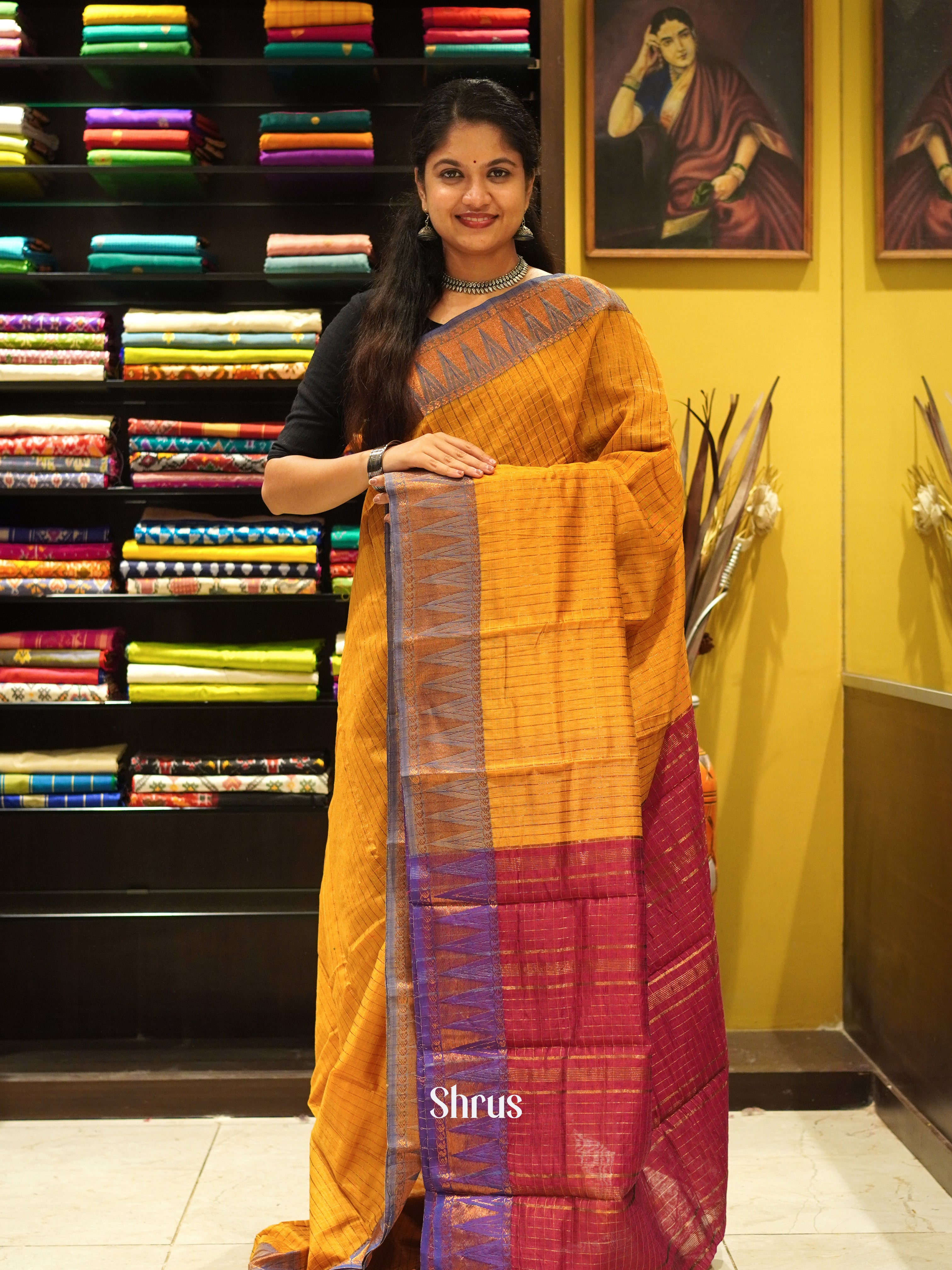 Mustard & Red - Mercerized Cotton Saree - Shop on ShrusEternity.com