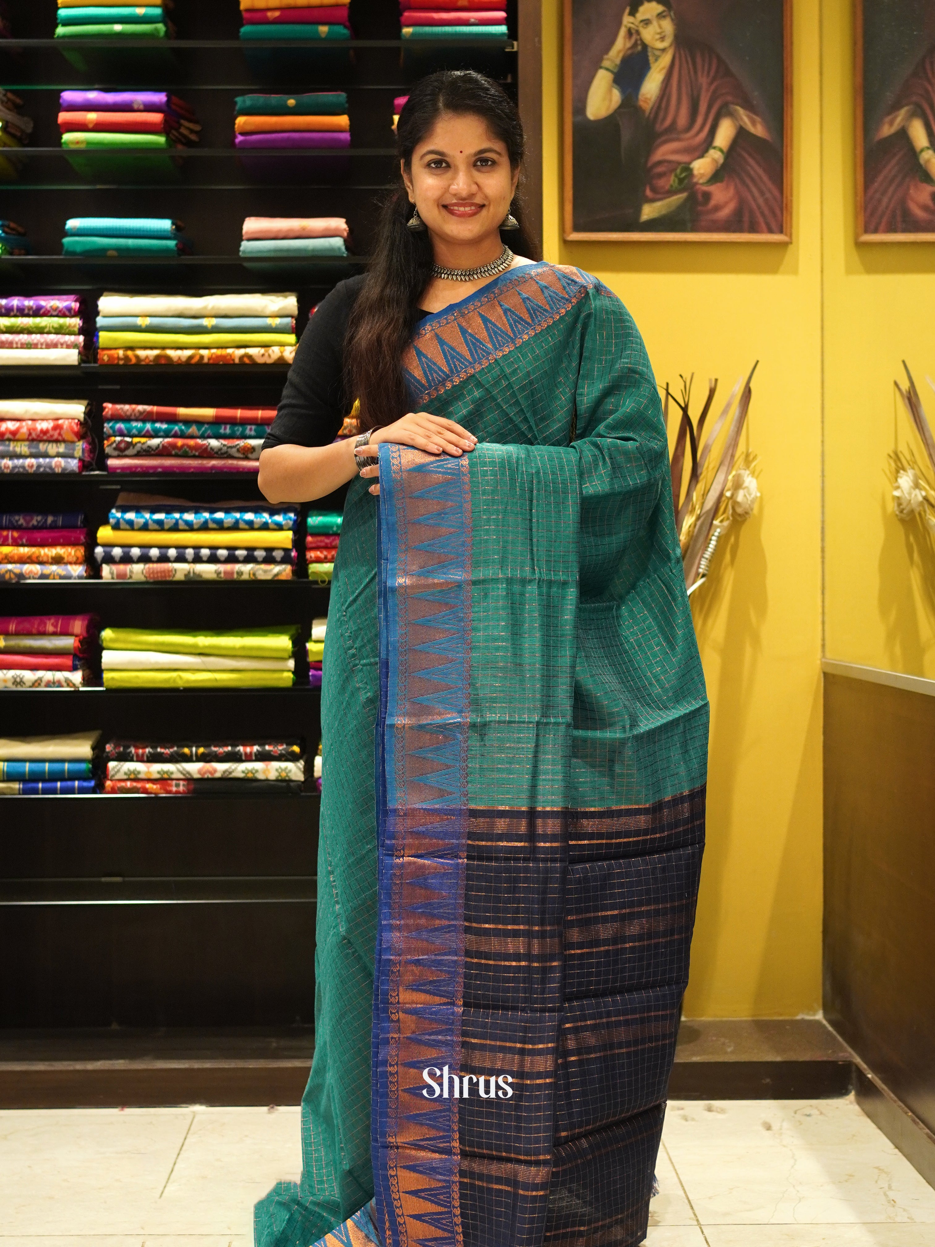 Green & Blue - Mercerized Cotton Saree - Shop on ShrusEternity.com