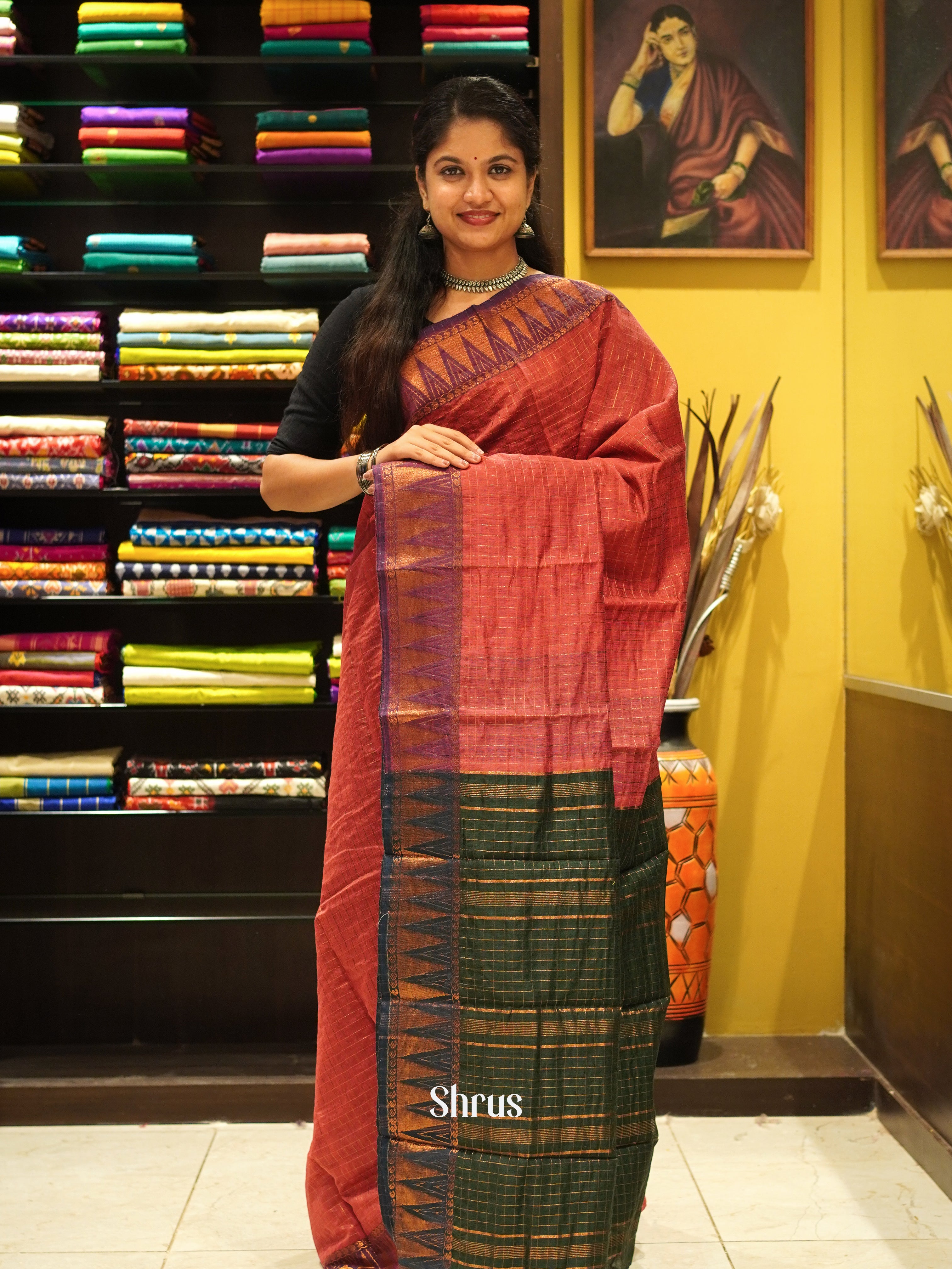 Brick & Green - Mercerized Cotton Saree - Shop on ShrusEternity.com