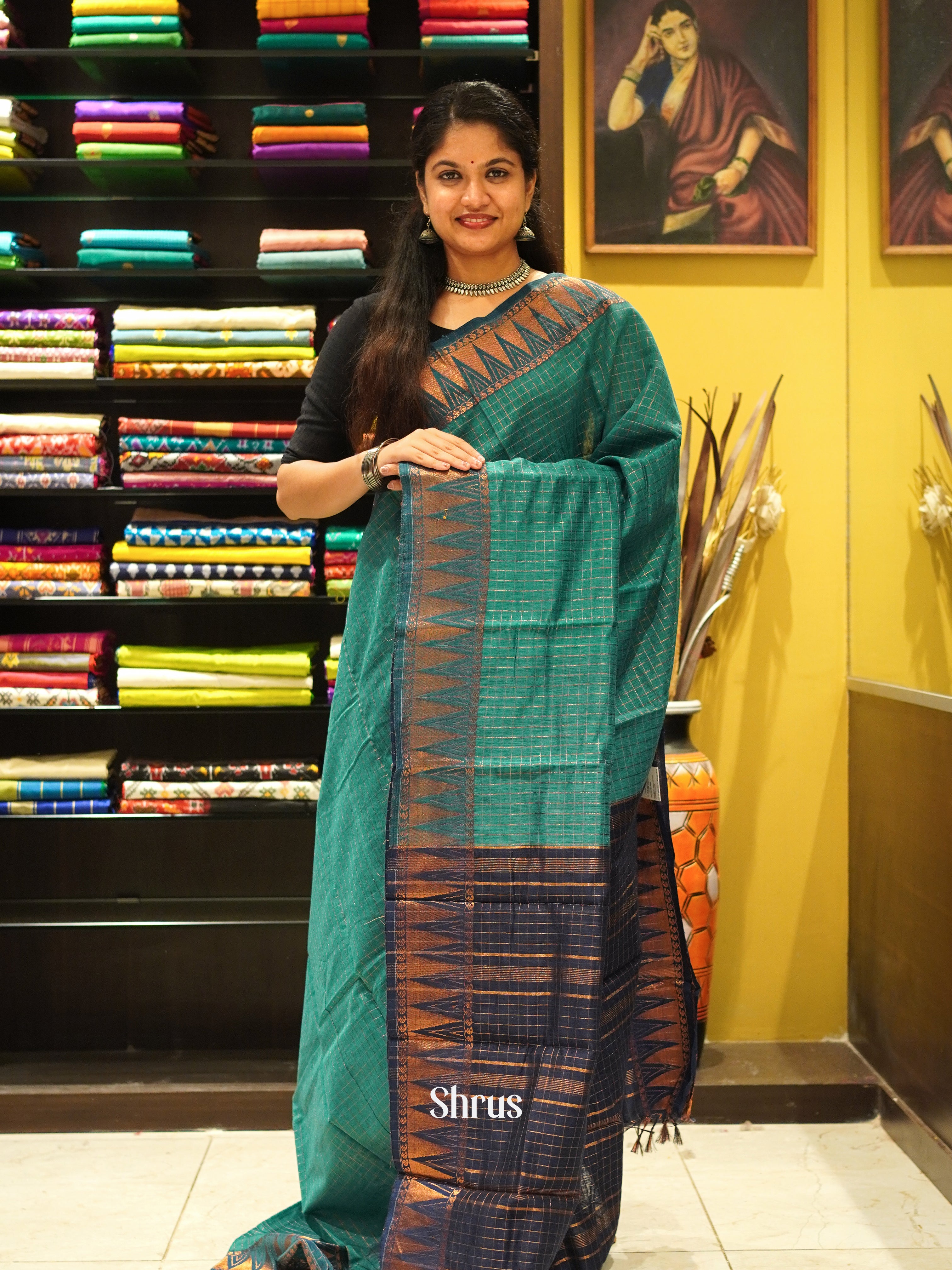 Green & Blue - Mercerized Cotton Saree - Shop on ShrusEternity.com