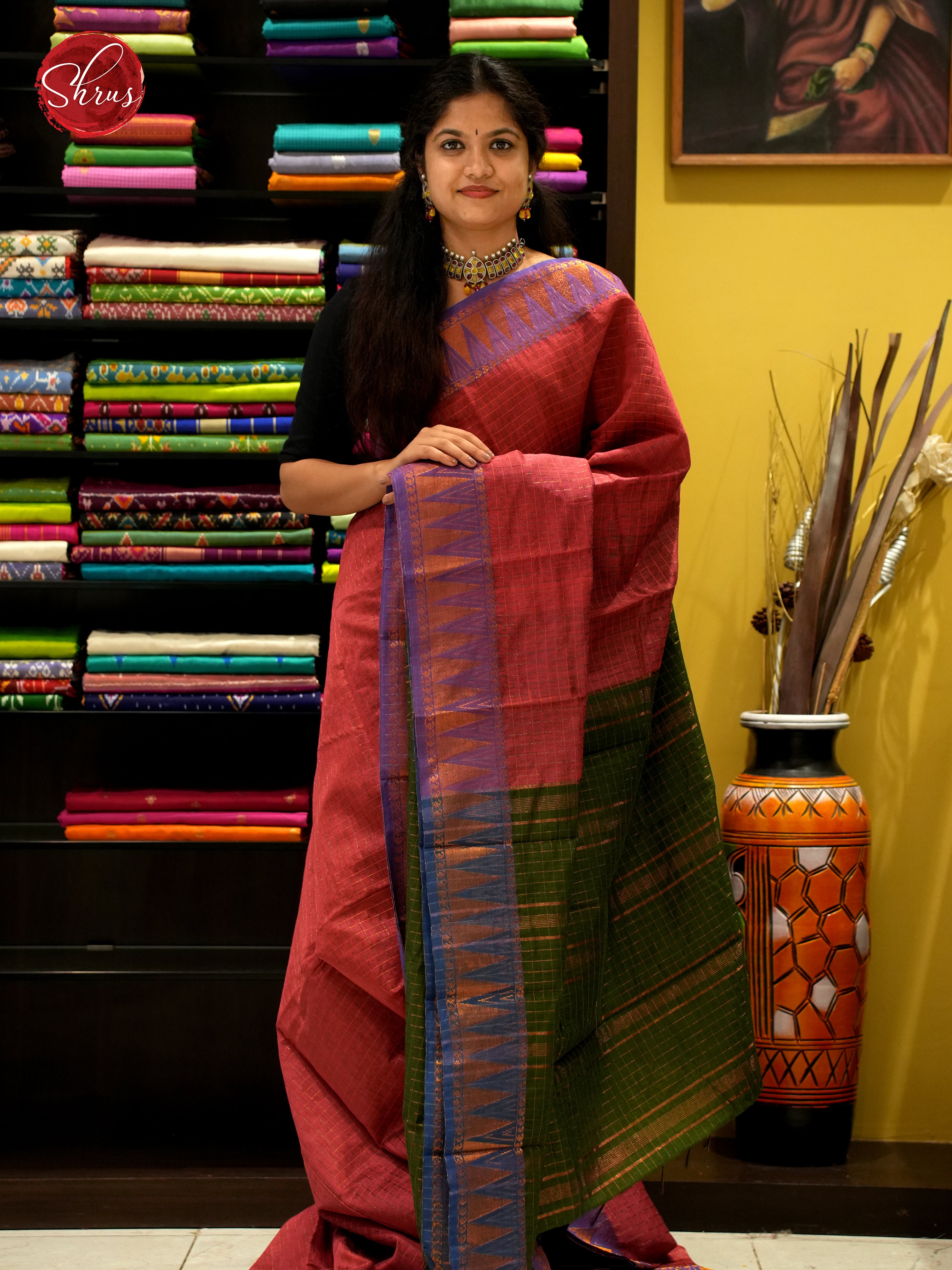 Red & Green - Mercerized Cotton Saree - Shop on ShrusEternity.com