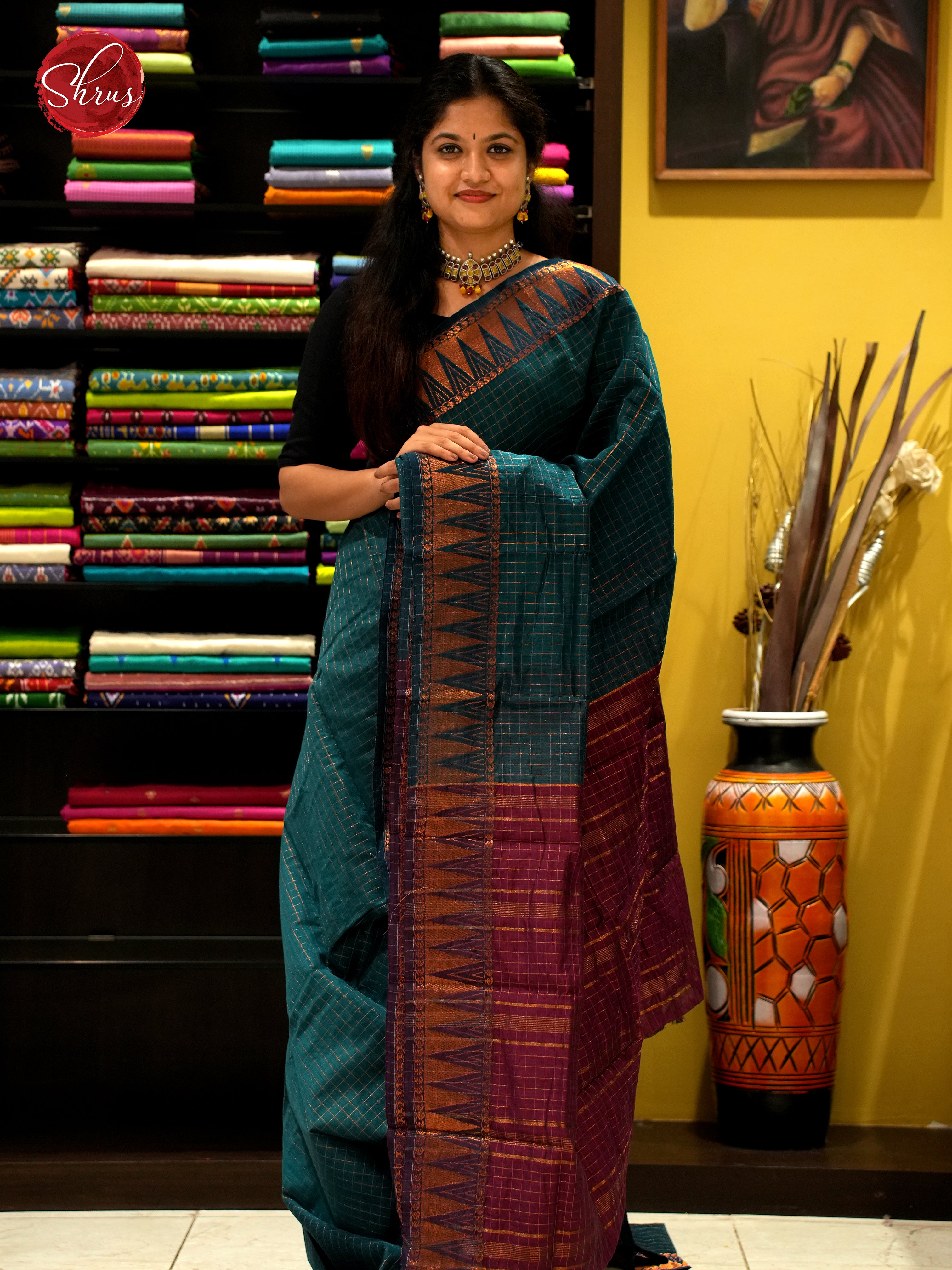 Blue & Maroon - Mercerized Cotton Saree - Shop on ShrusEternity.com