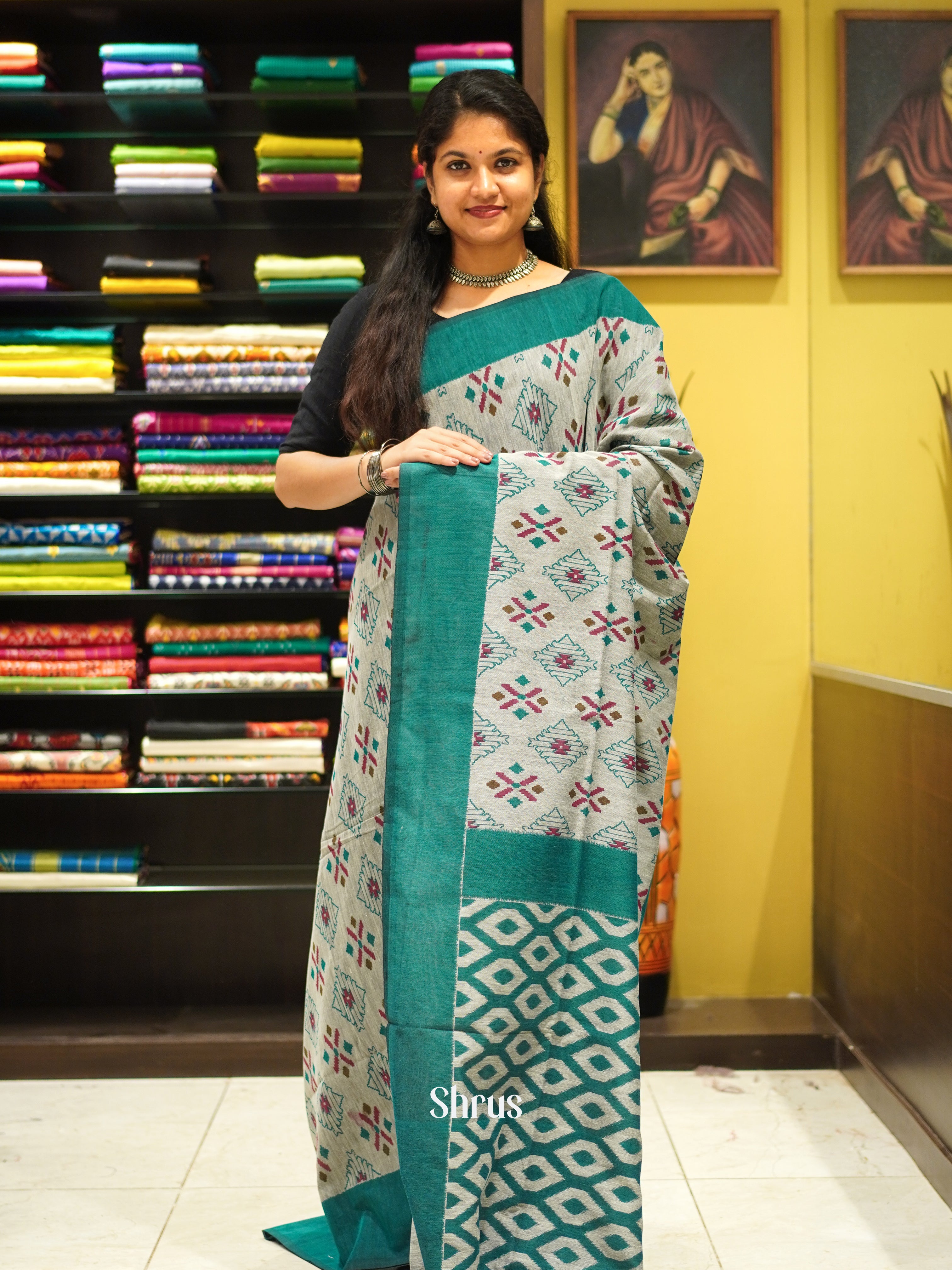 Grey & Green - Bengal cotton Saree - Shop on ShrusEternity.com