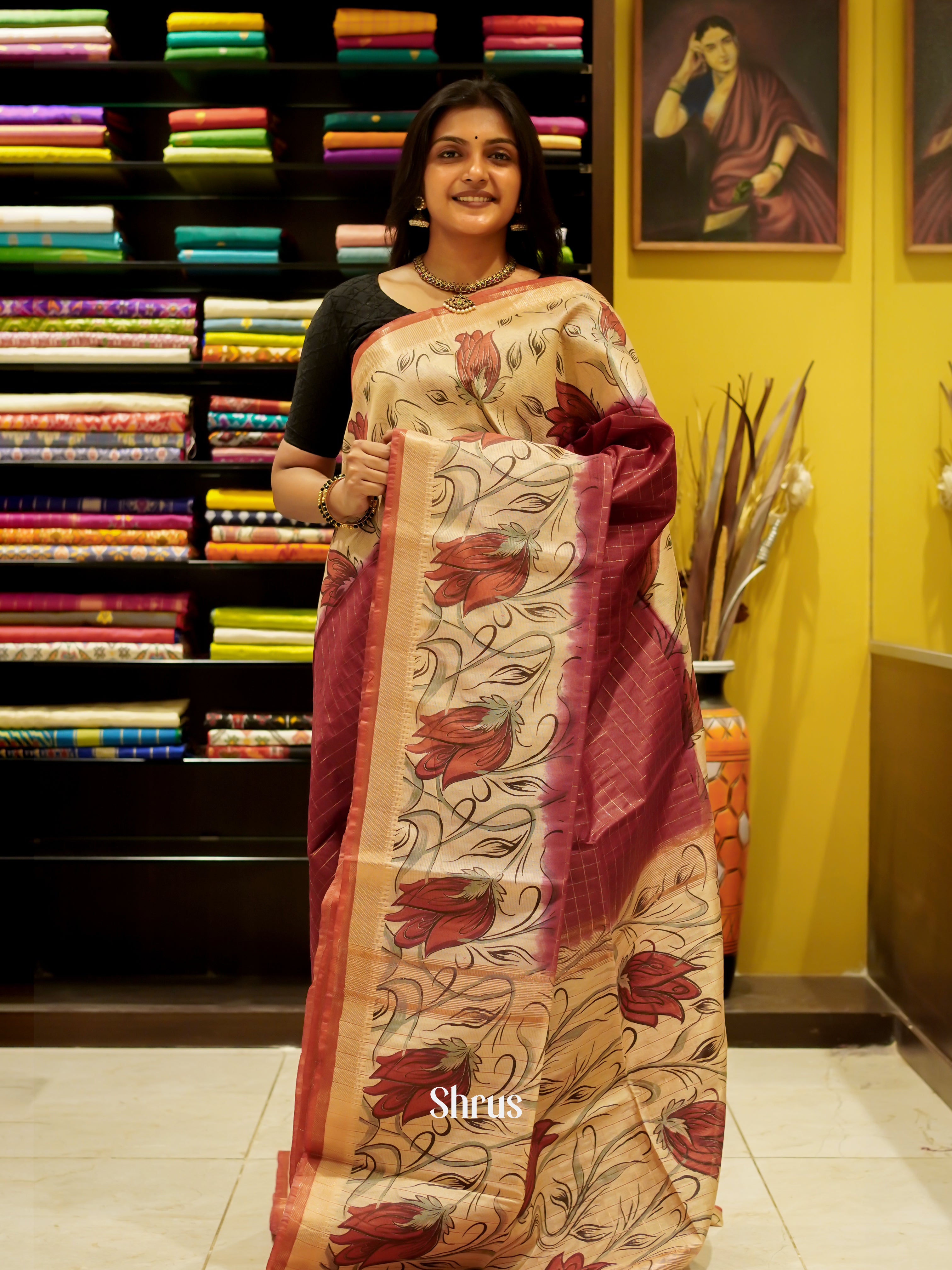 Maroon & Cream - Semi Tussar Saree - Shop on ShrusEternity.com