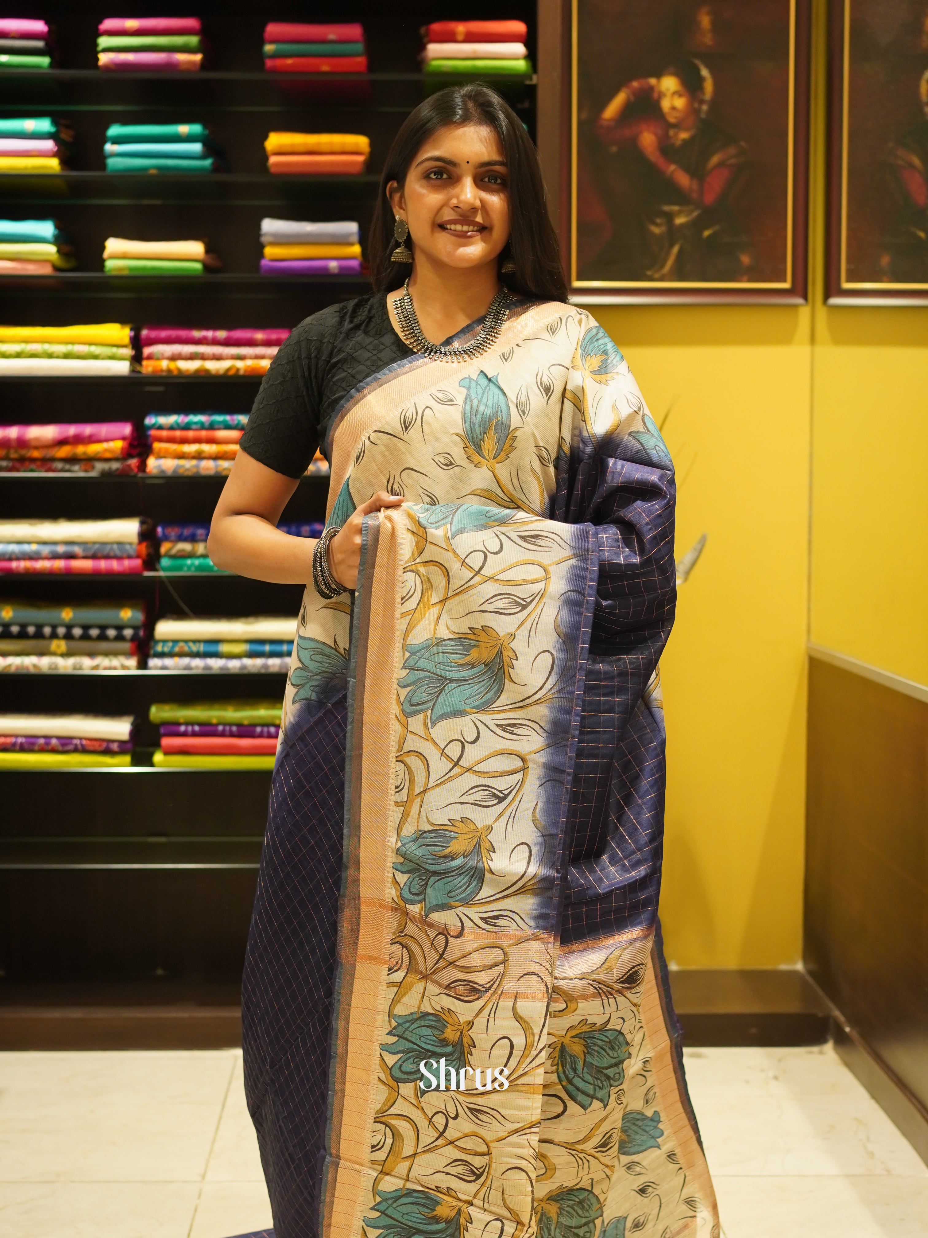Blue & Cream - Semi Tussar Saree - Shop on ShrusEternity.com