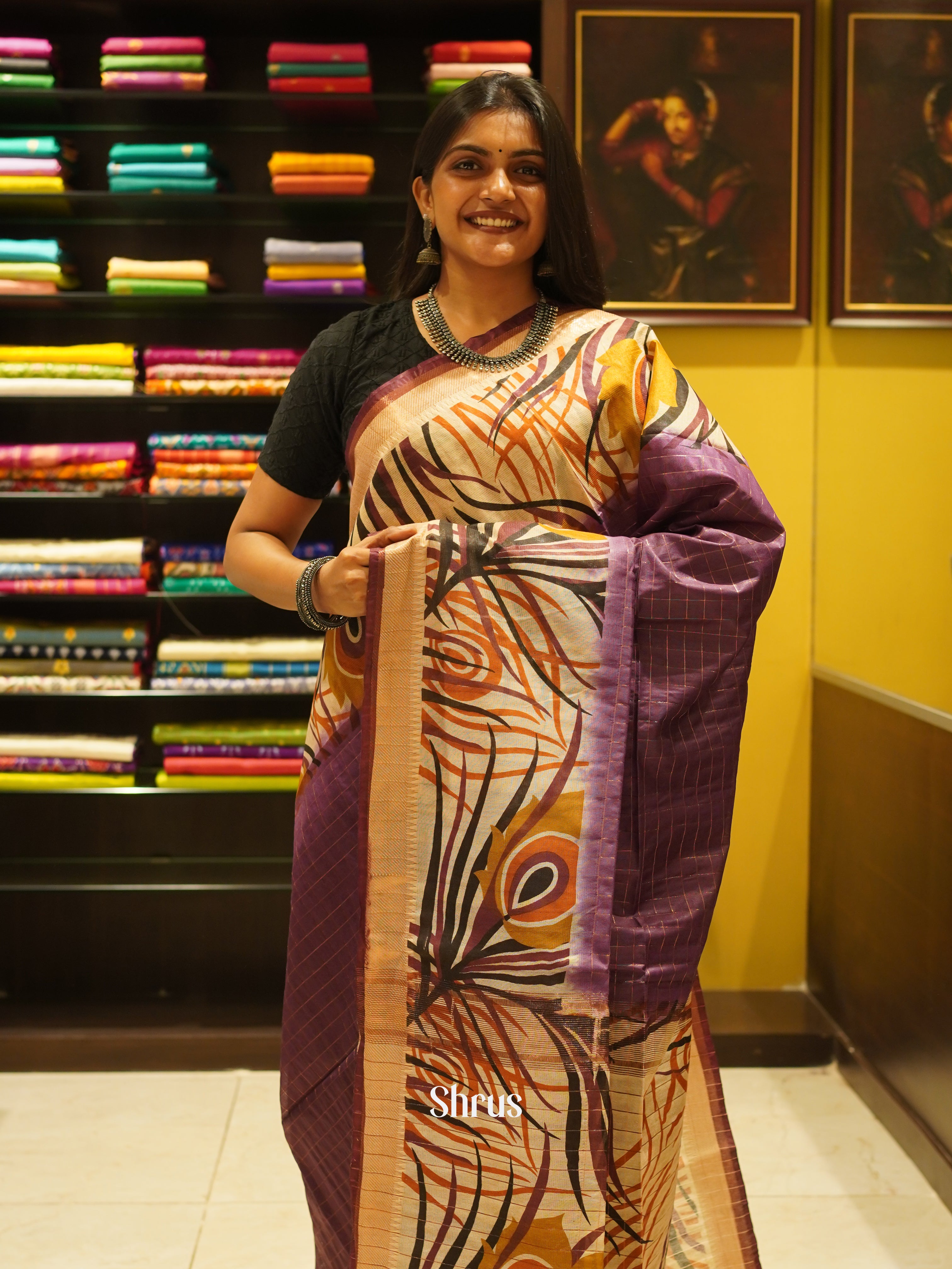 Purple & Cream - Semi Tussar Saree - Shop on ShrusEternity.com