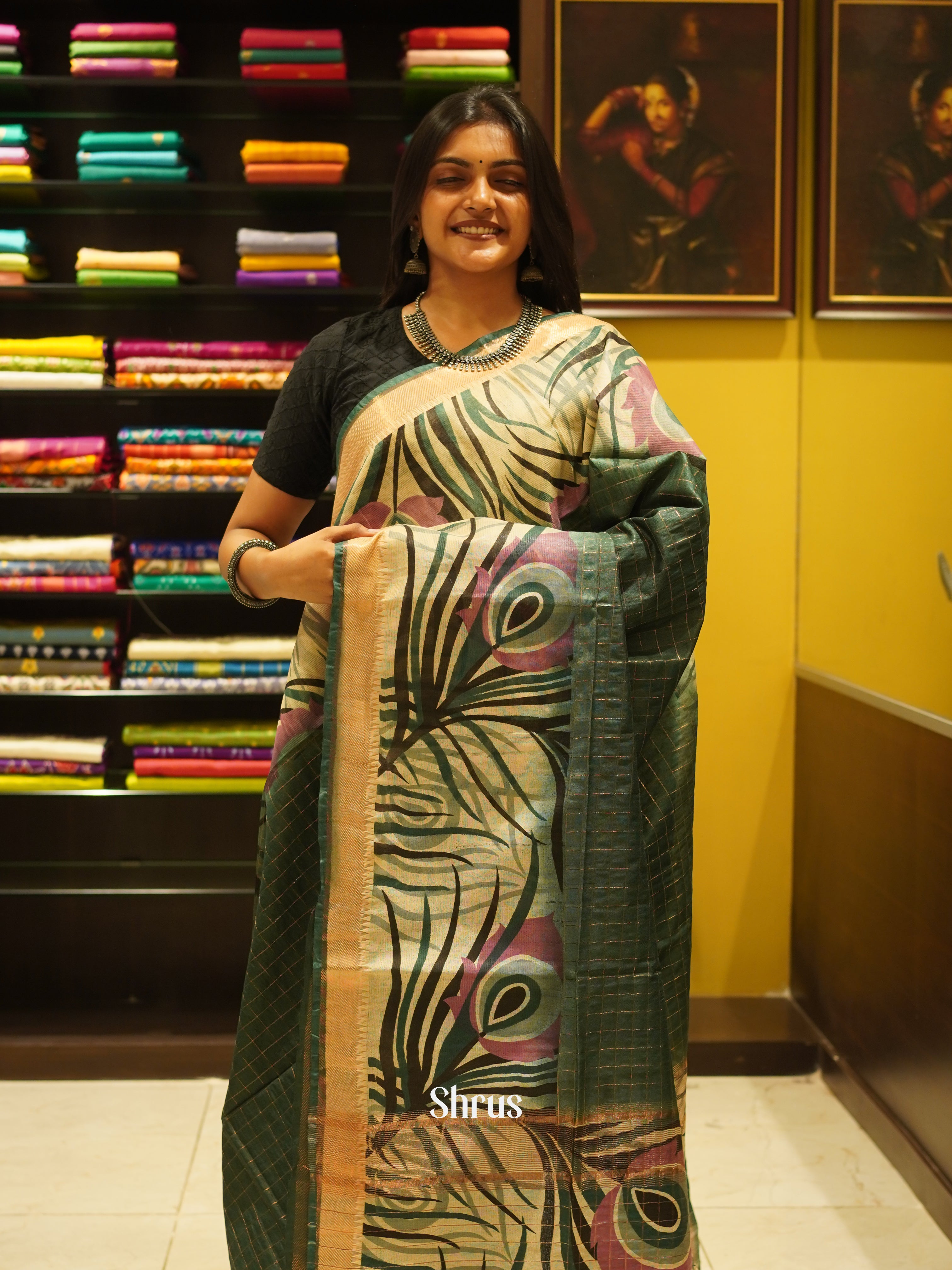 Green & Cream - Semi Tussar Saree - Shop on ShrusEternity.com