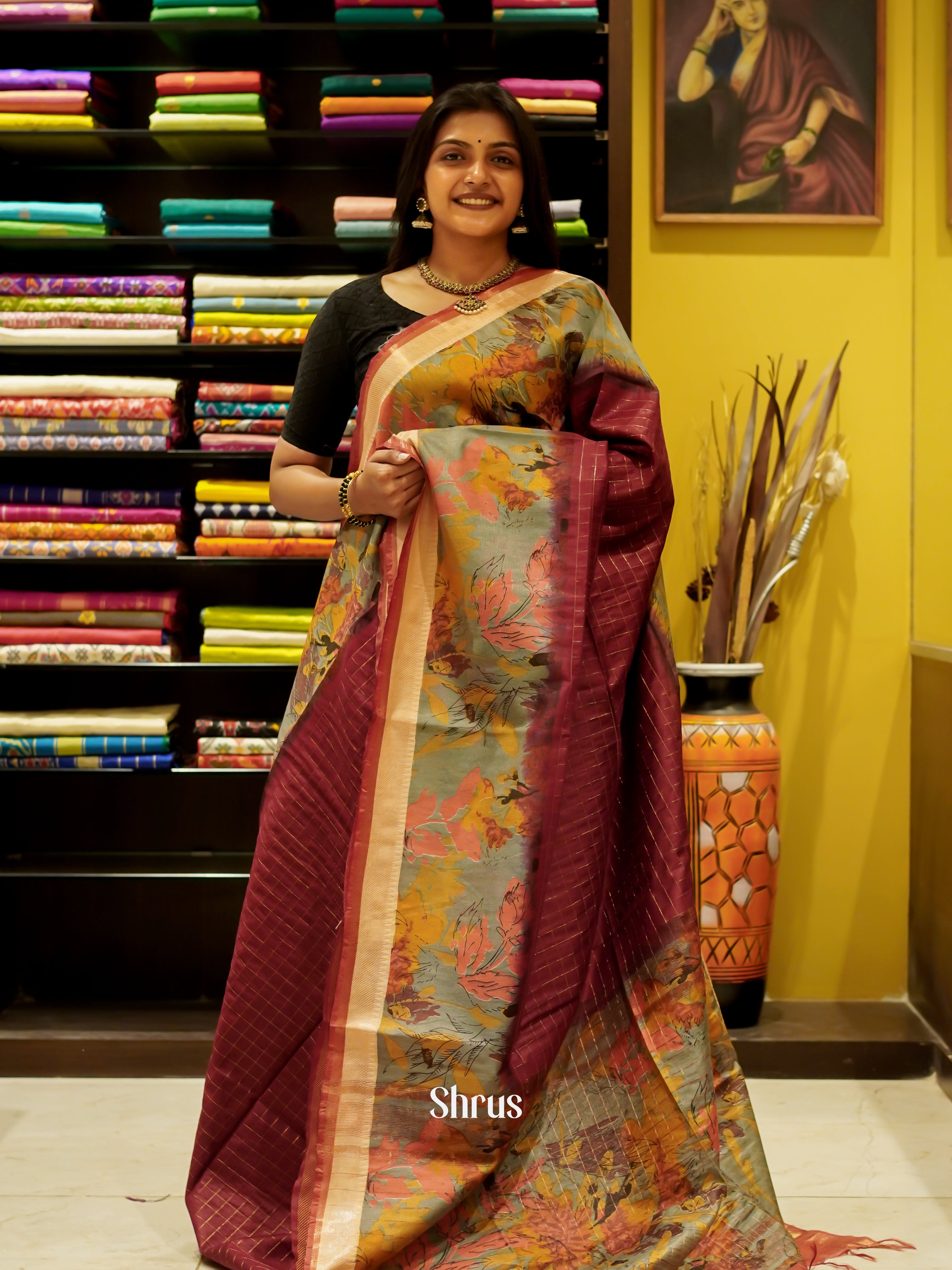 Maroon & Grey Green - Semi Tussar Saree - Shop on ShrusEternity.com