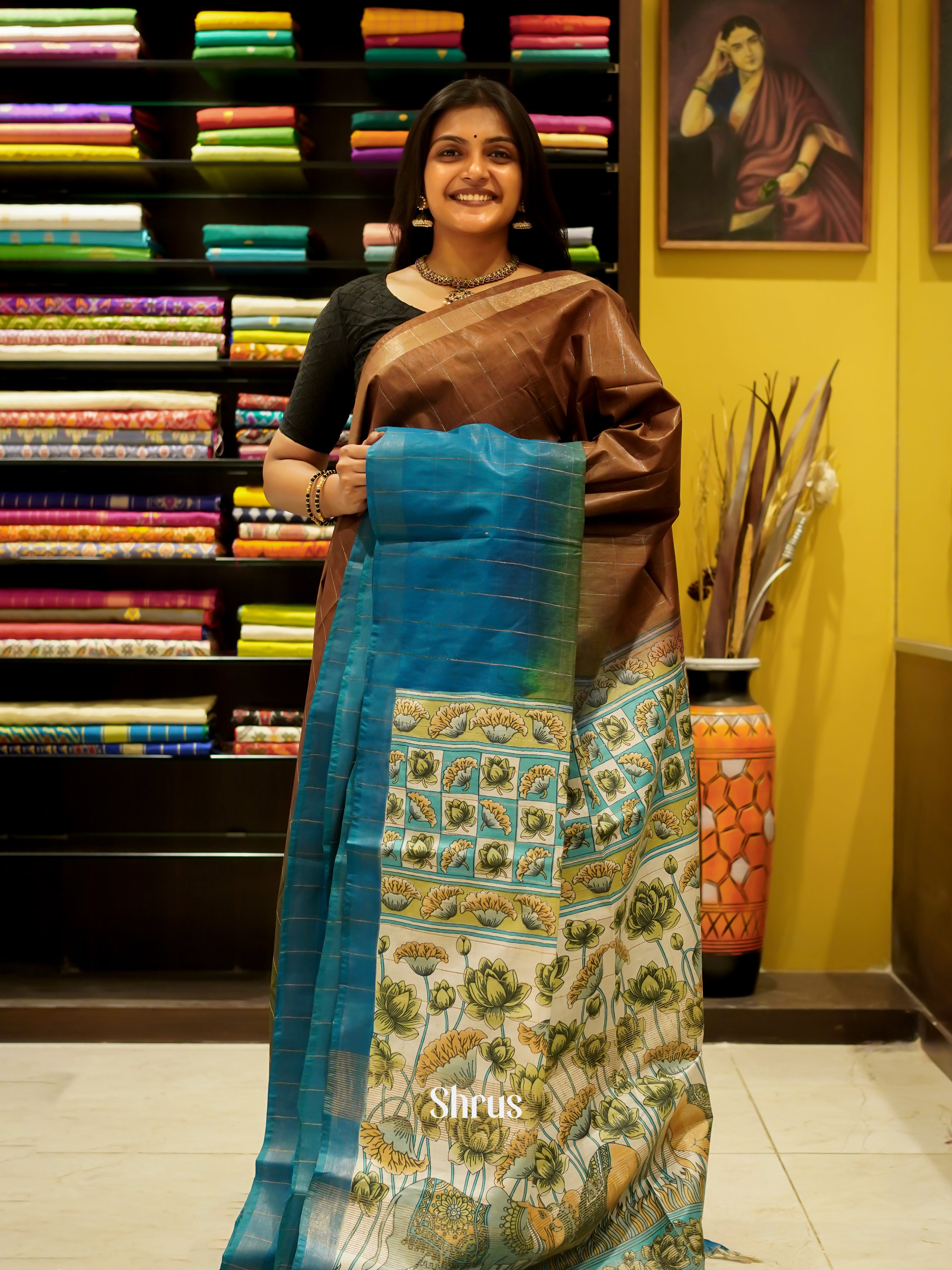 Brown & Blue- Semi Tussar Saree - Shop on ShrusEternity.com