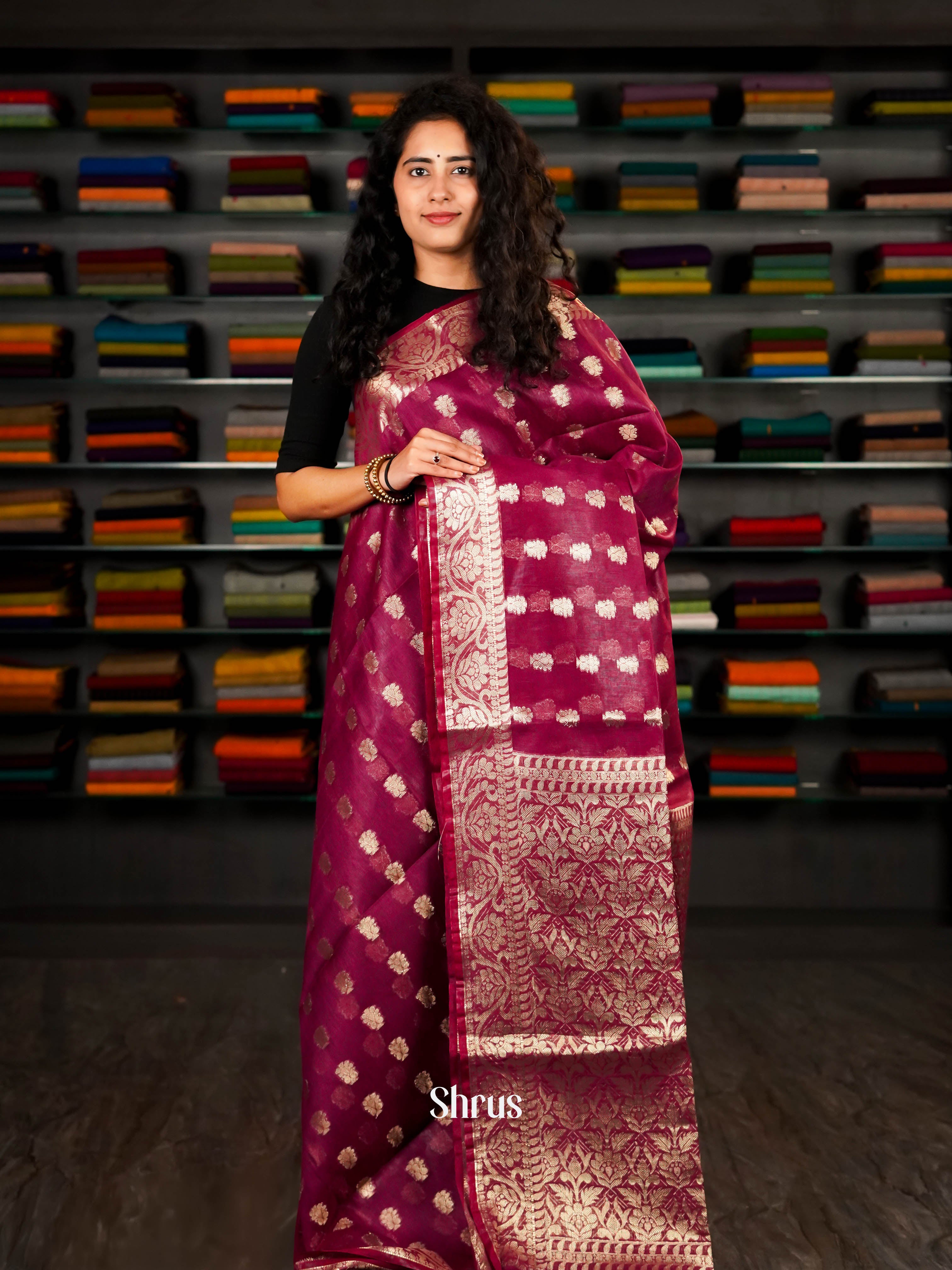 Dark Magenta - Linen silk Saree - Shop on ShrusEternity.com