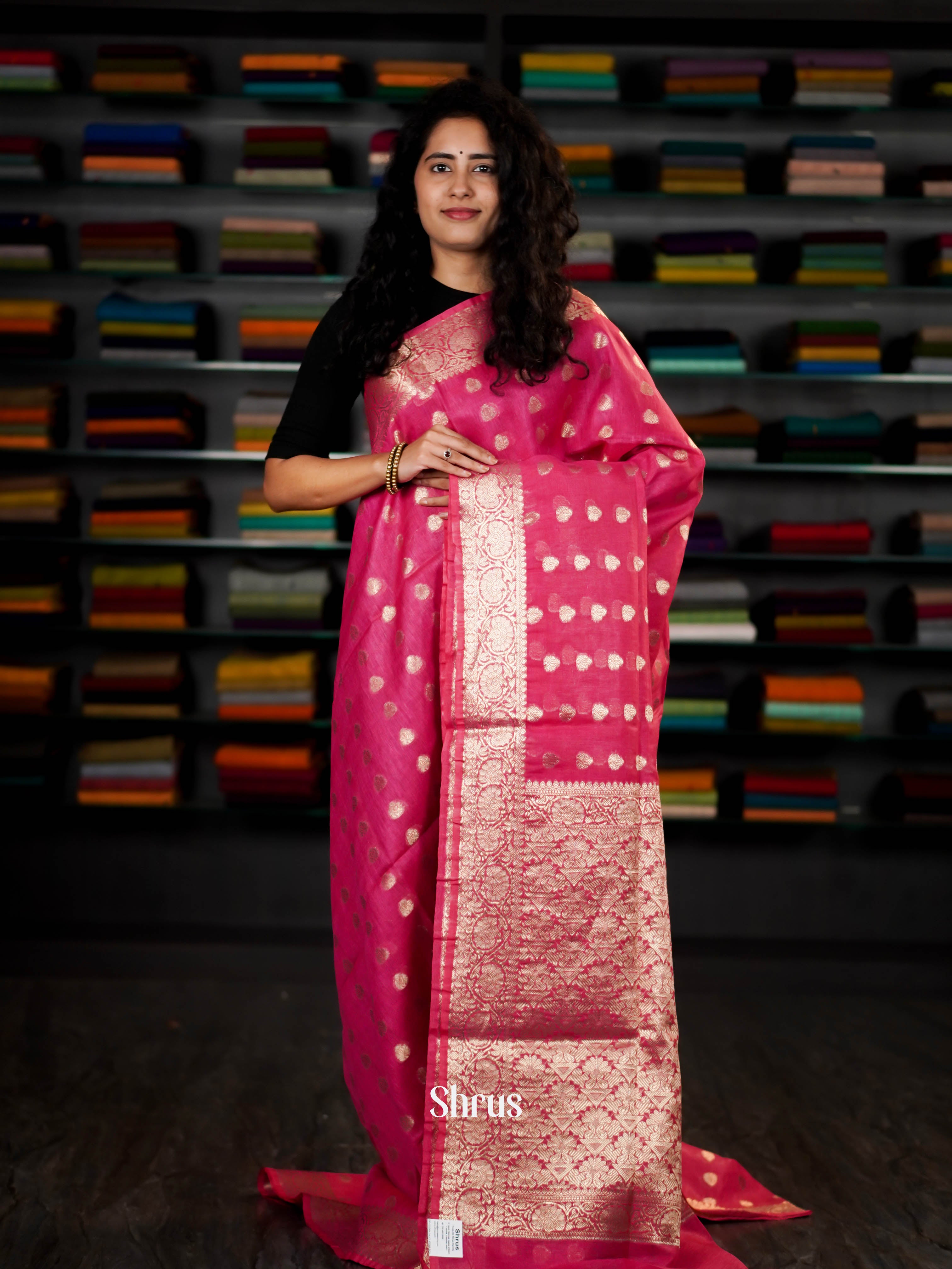 Pink - Linen silk Saree - Shop on ShrusEternity.com