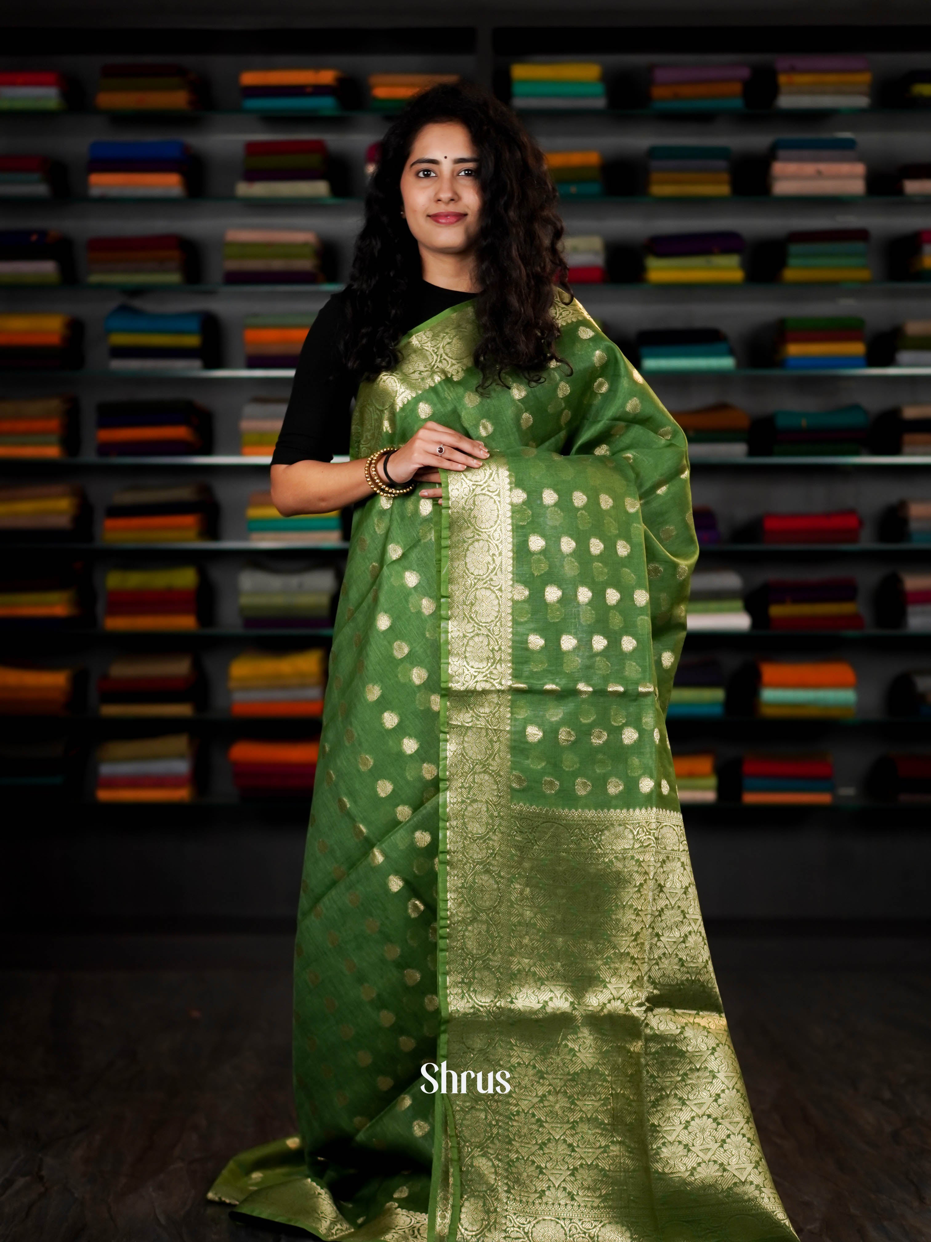 Green - Linen silk Saree - Shop on ShrusEternity.com