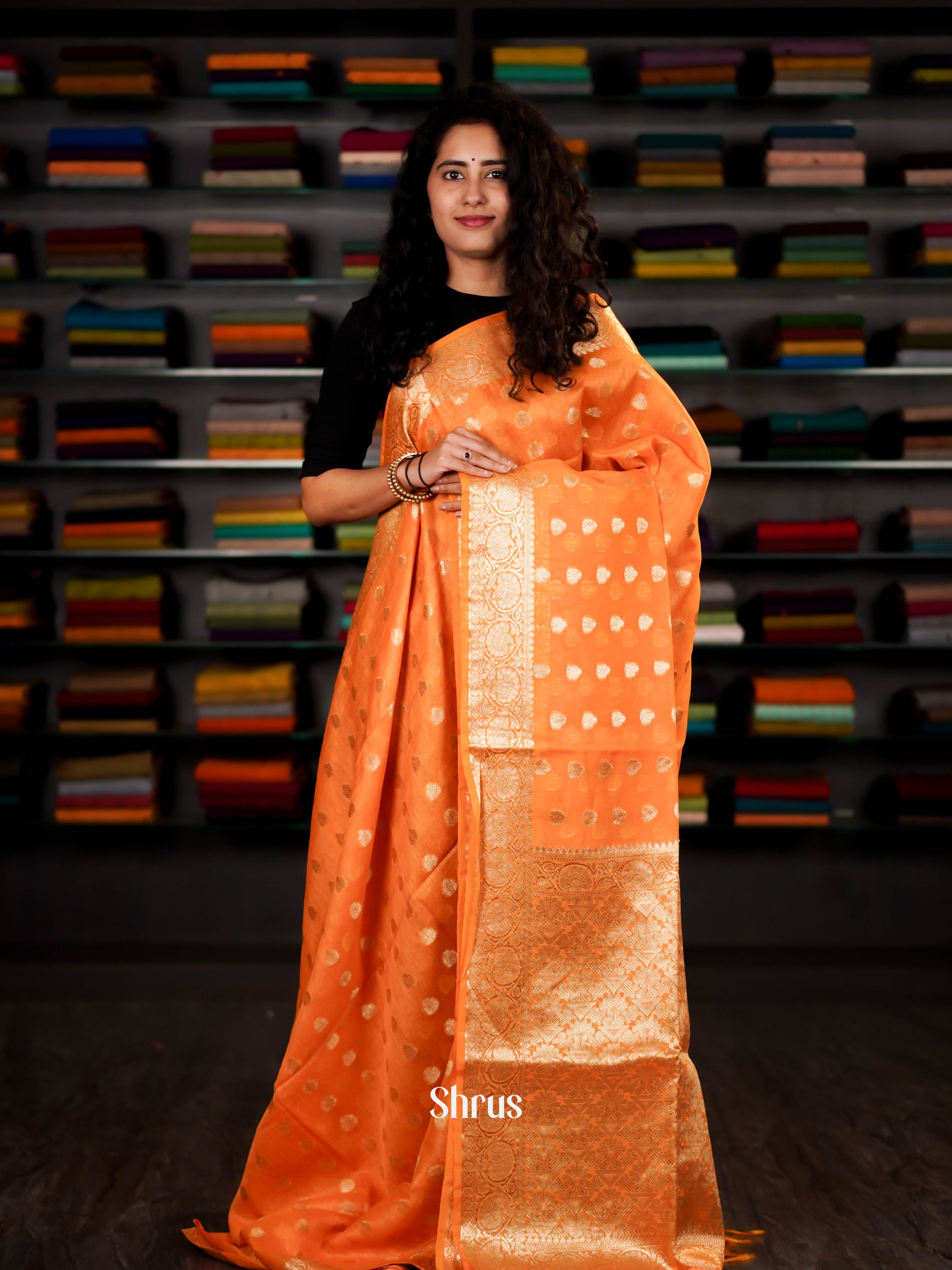 Mustard Orange - Linen silk Saree - Shop on ShrusEternity.com