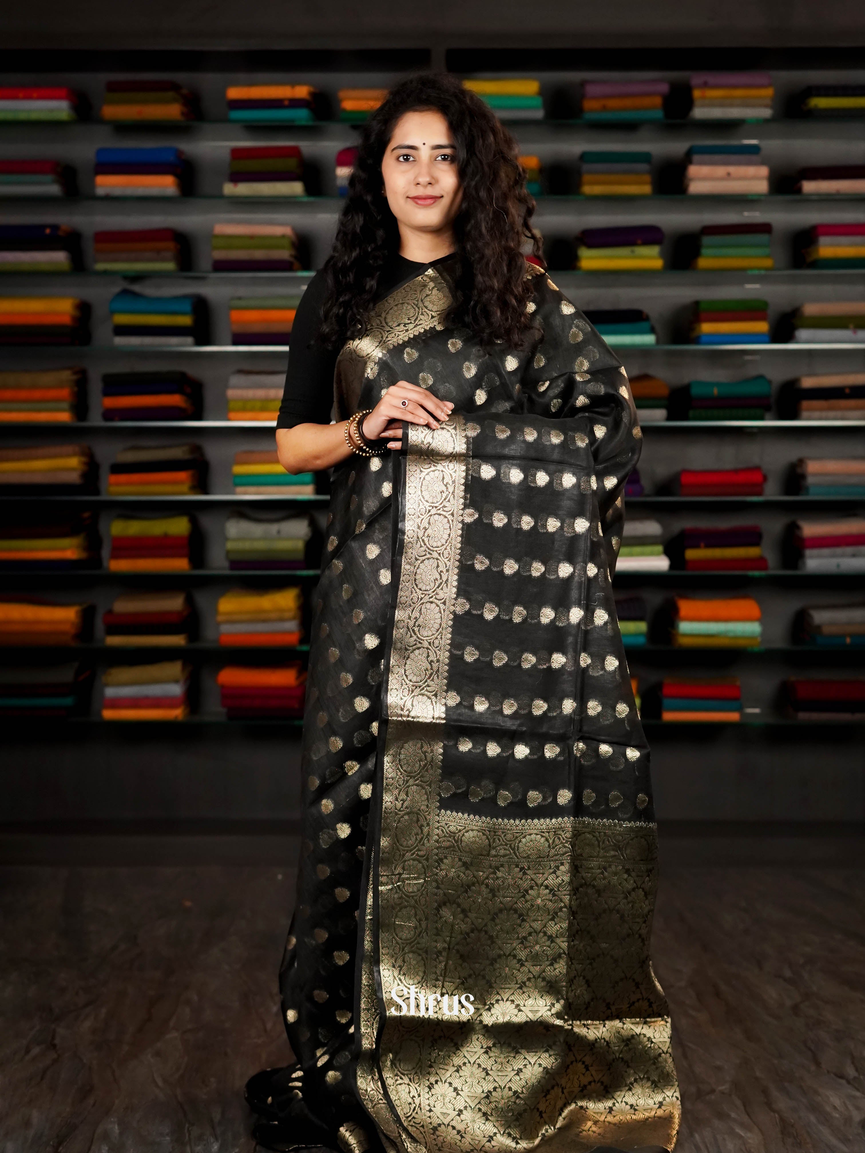 Black - Linen silk Saree - Shop on ShrusEternity.com