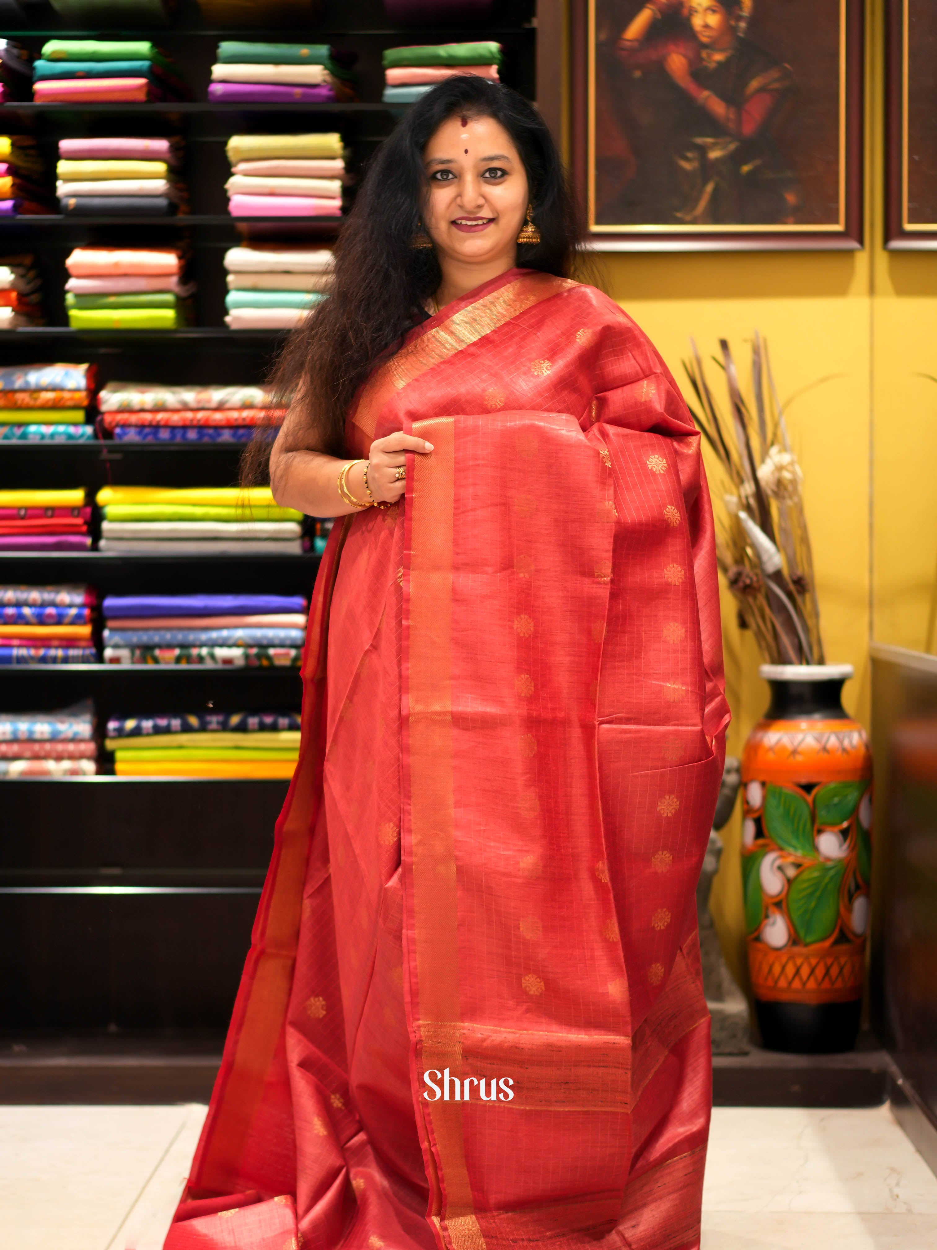 Red(Single Tone)- Tussar Saree - Shop on ShrusEternity.com