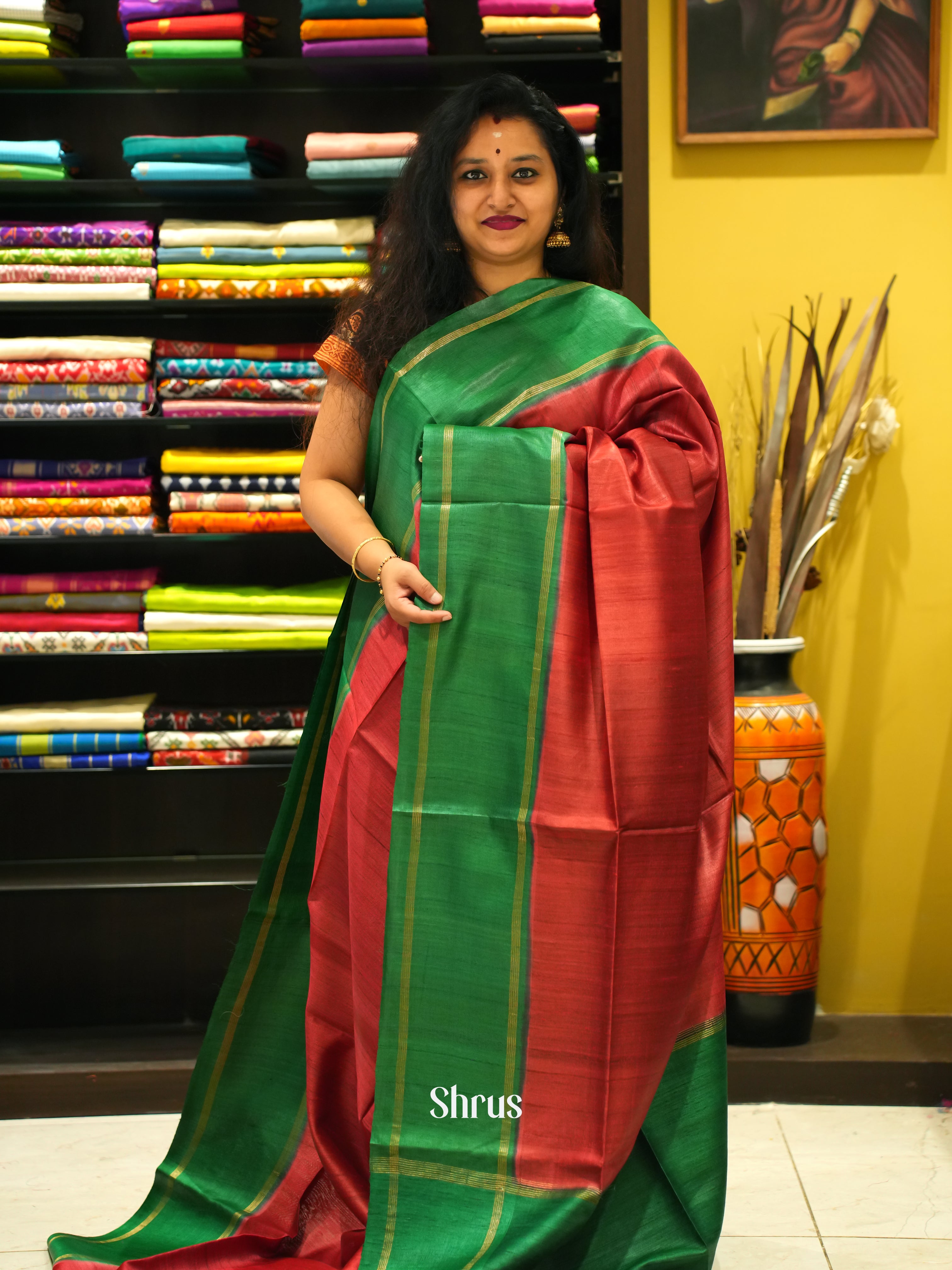 Red & Green - Tussar Saree - Shop on ShrusEternity.com