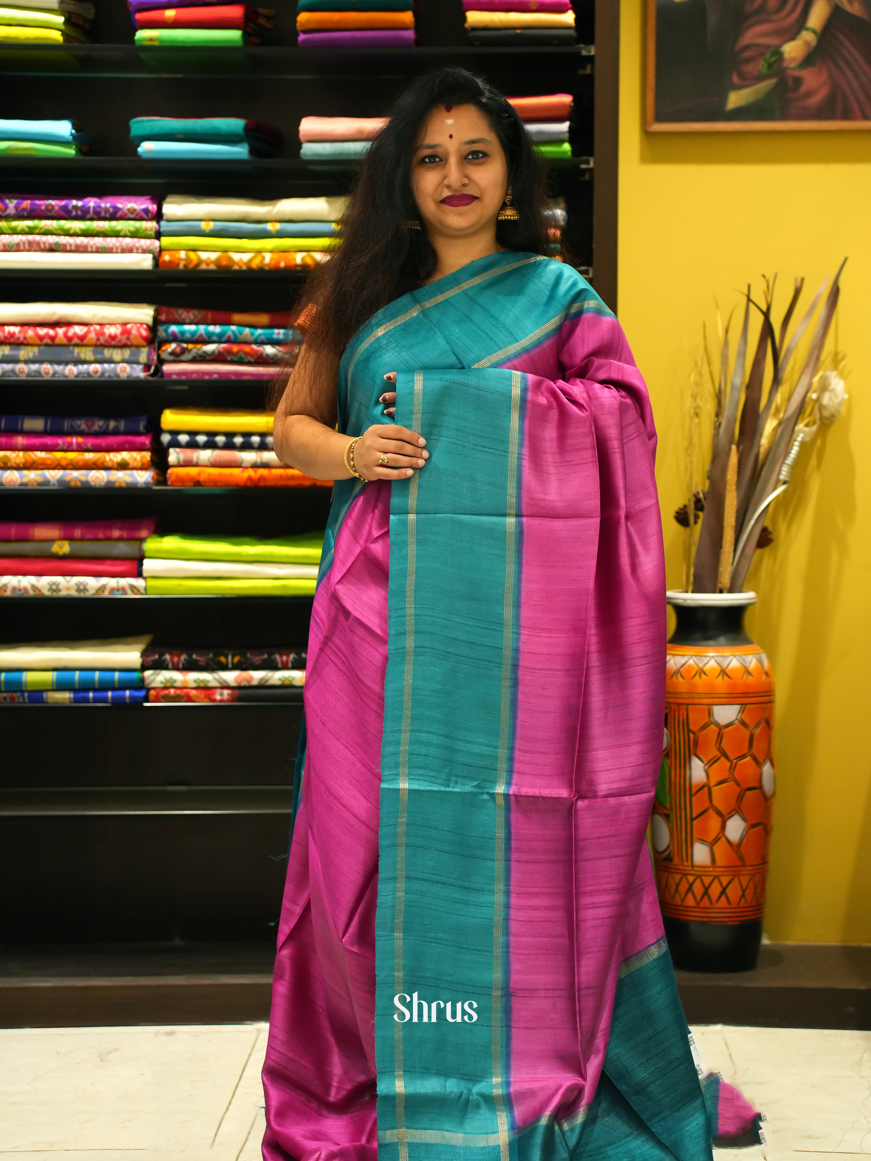 Pink & Blue - Tussar Saree - 1