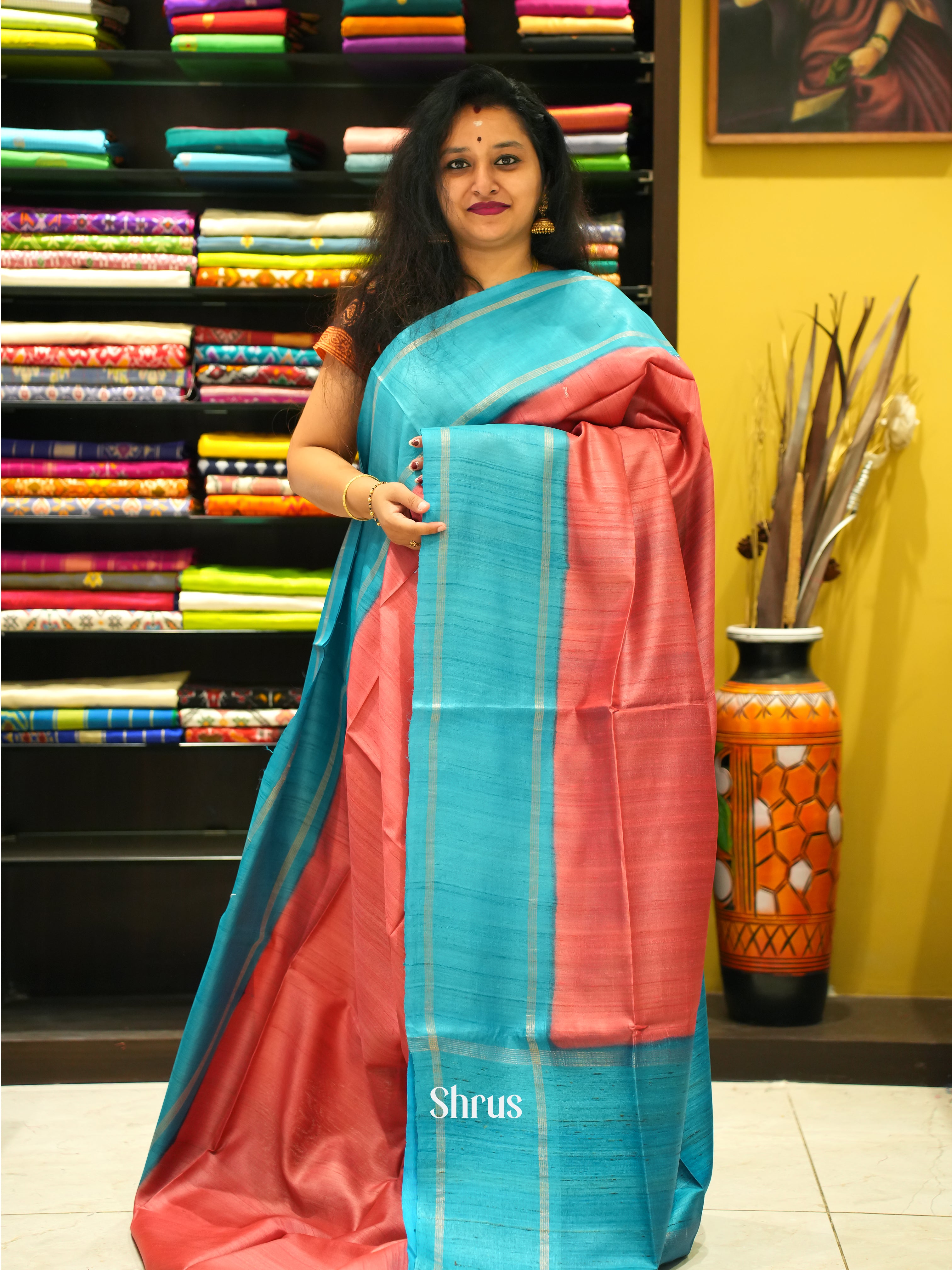 Peach & Blue - Tussar Saree - Shop on ShrusEternity.com