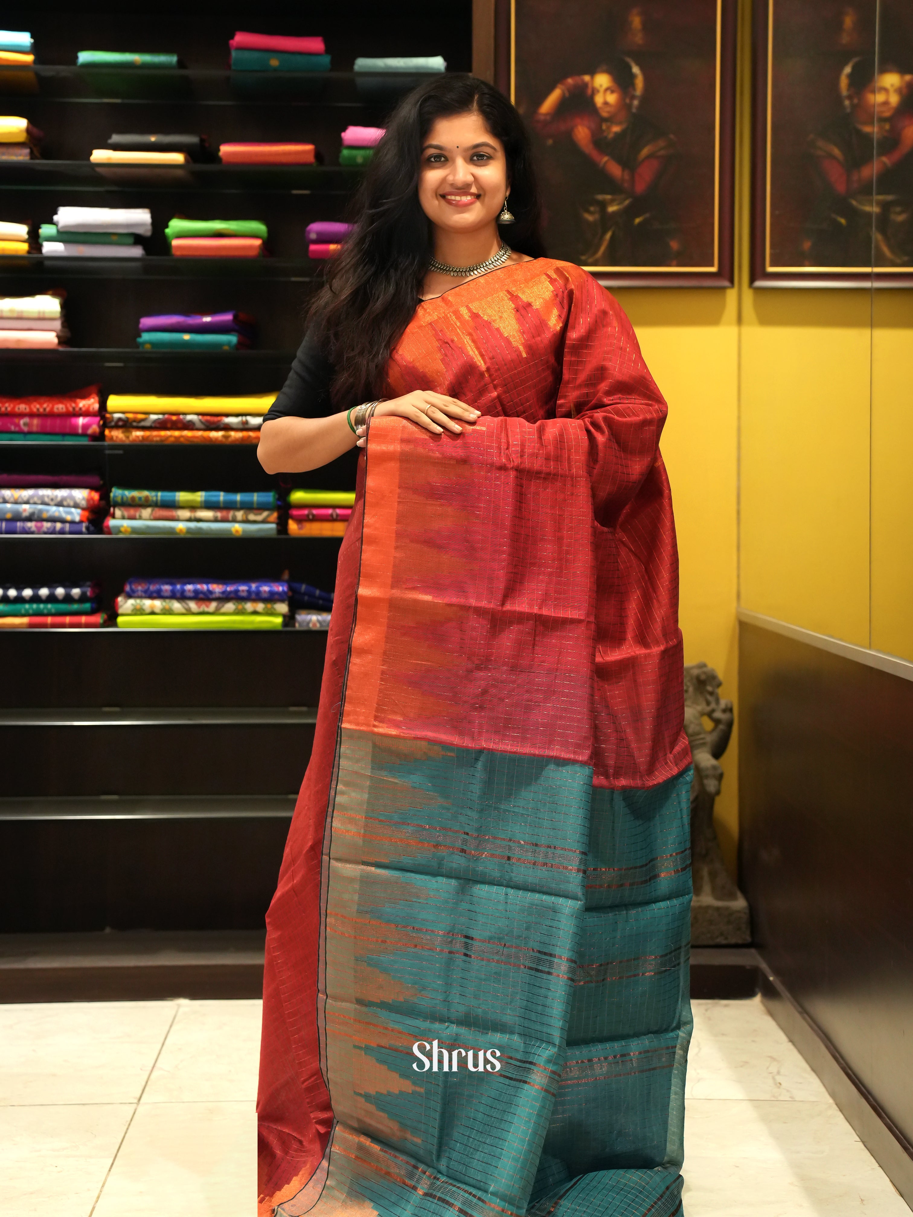 Maroon & Green - Mercerized cotton Saree - Shop on ShrusEternity.com