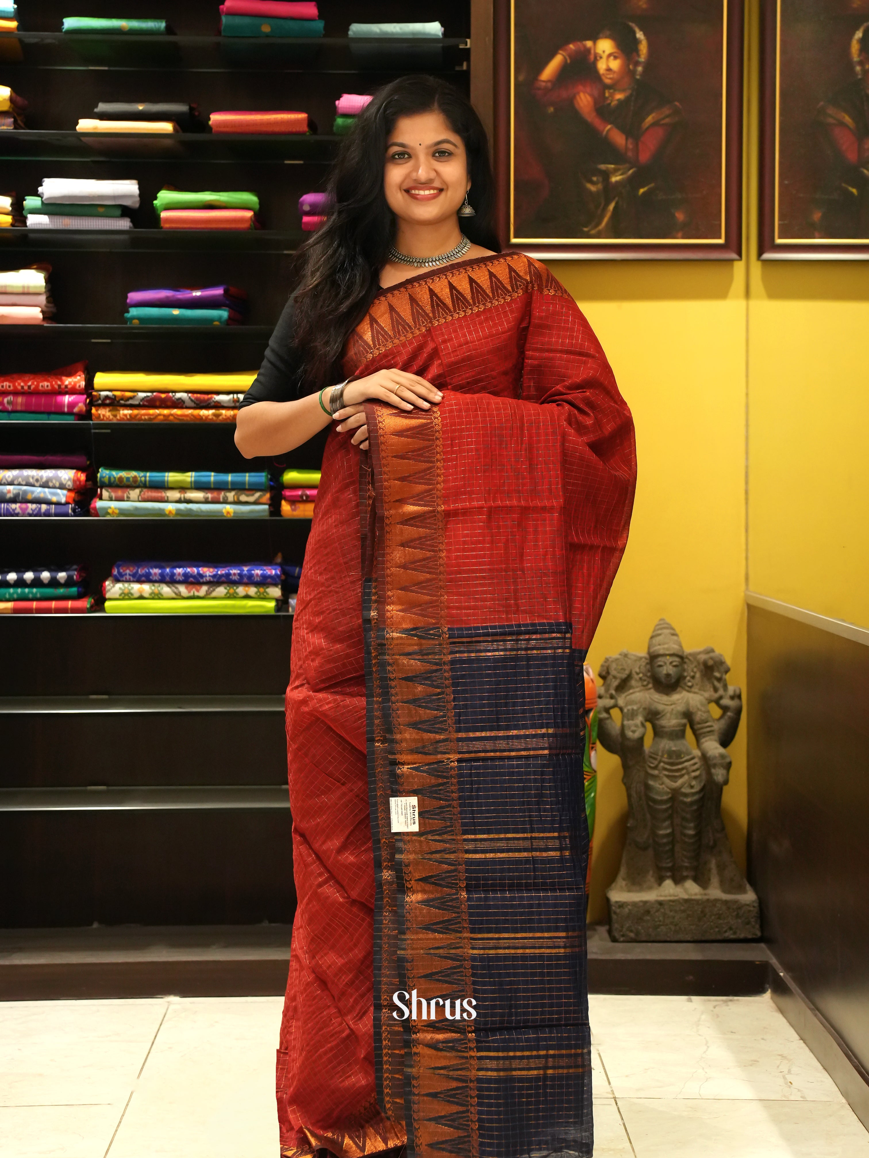 Red & Blue - Mercerized cotton Saree - Shop on ShrusEternity.com