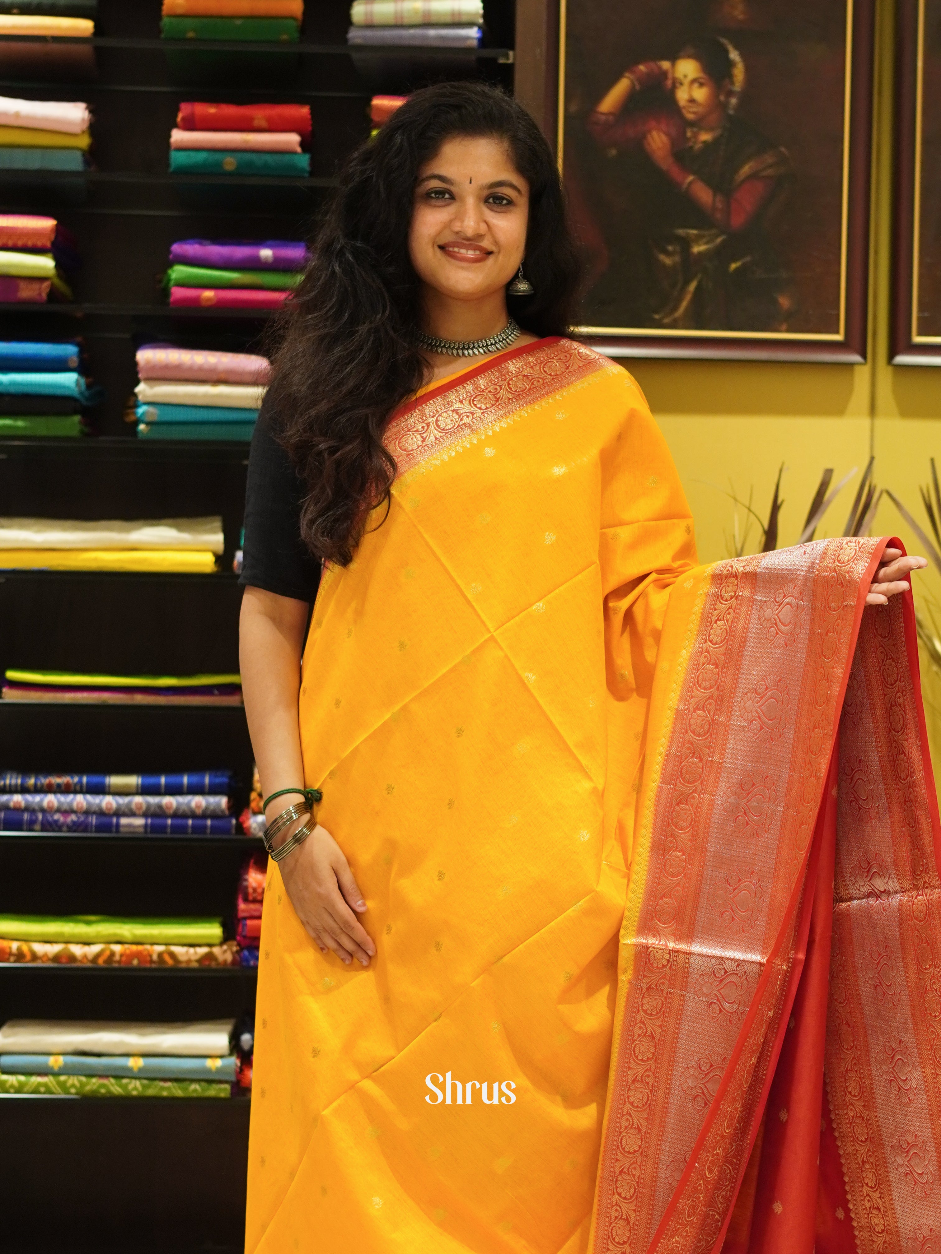 Yellow & Red - North Silkcotton Saree - Shop on ShrusEternity.com