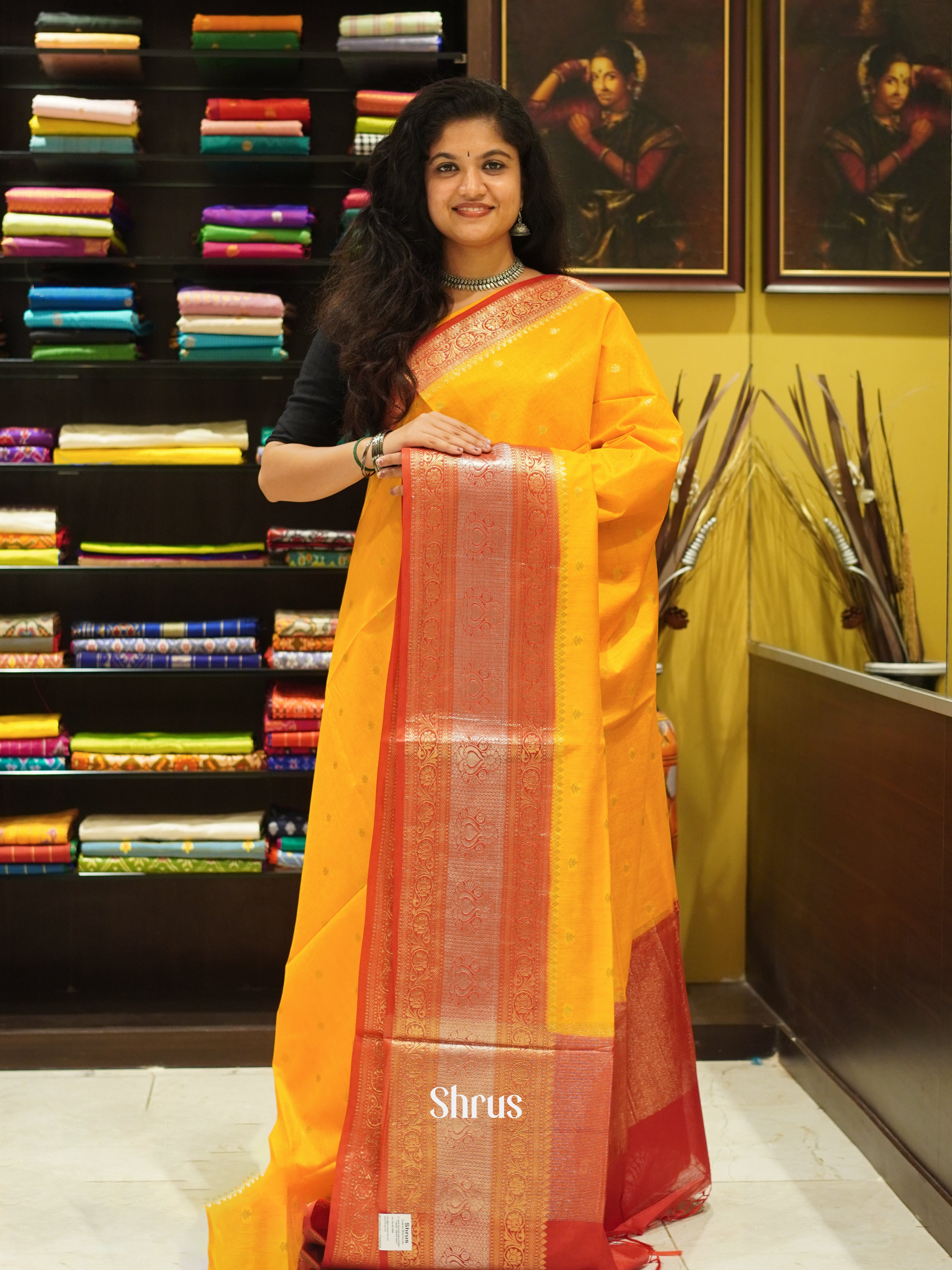 Yellow & Red - North Silkcotton Saree - Shop on ShrusEternity.com