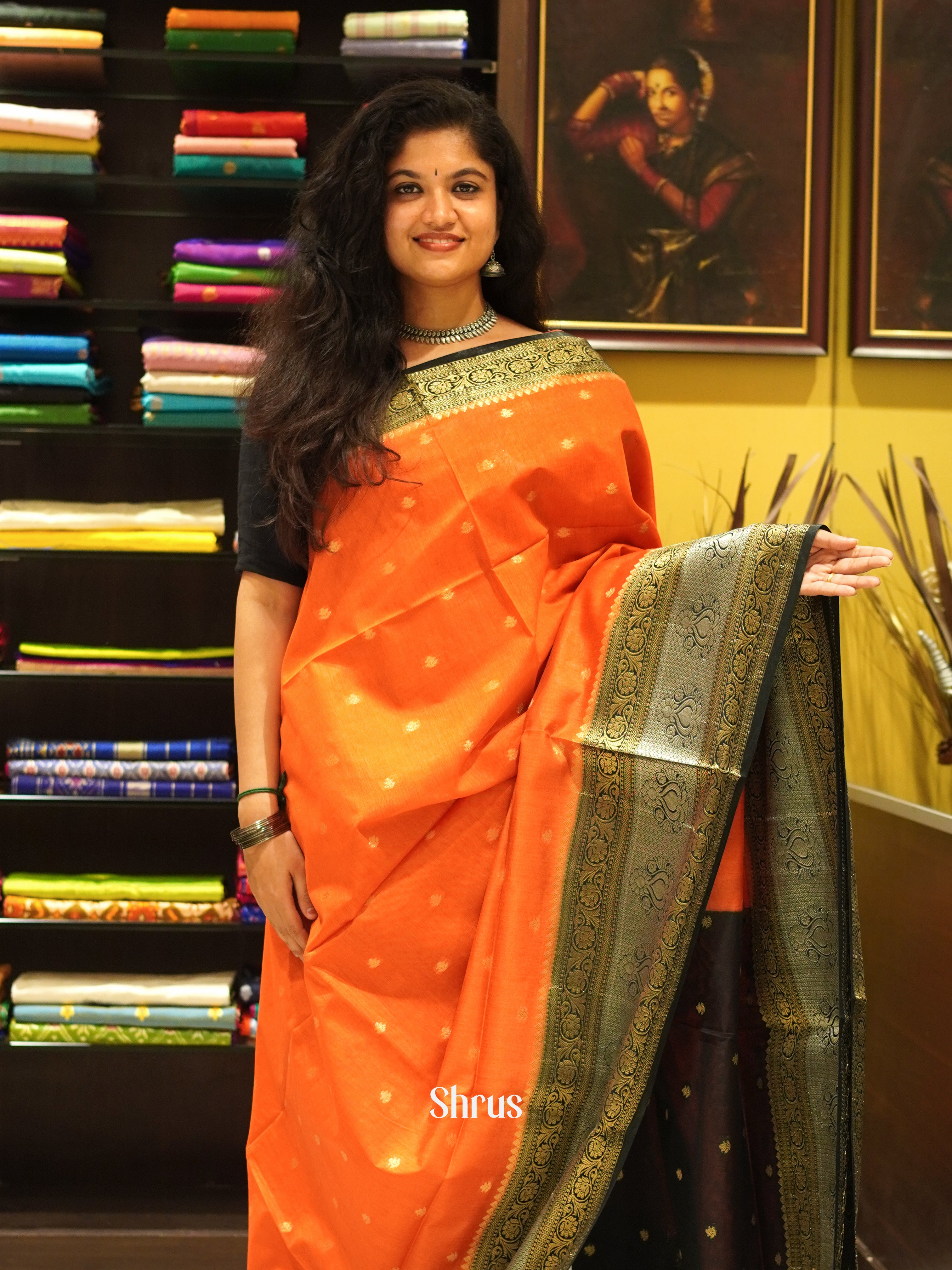 Orange & Black - North silkcotton Saree - Shop on ShrusEternity.com