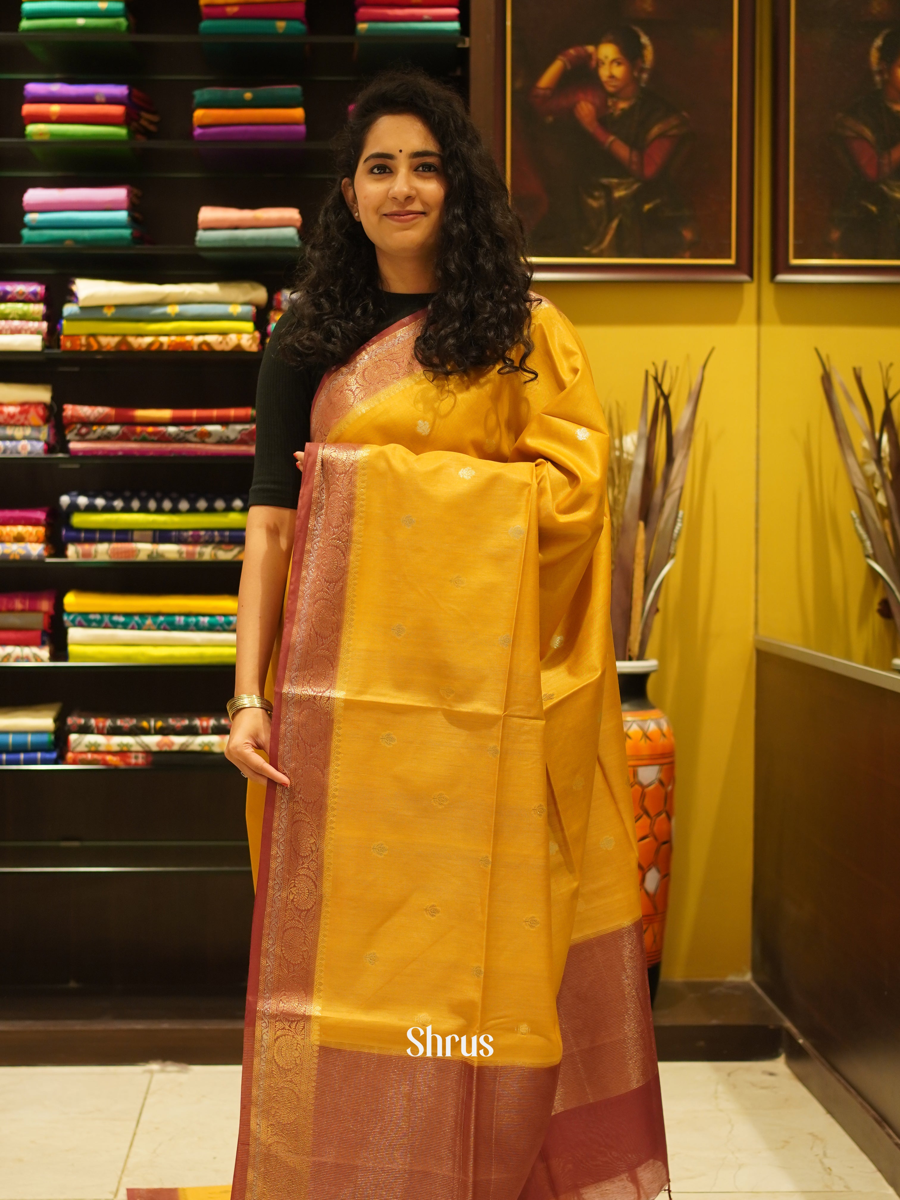 Mustard & Arakku Maroon - Semi Silk Cotton Saree - Shop on ShrusEternity.com