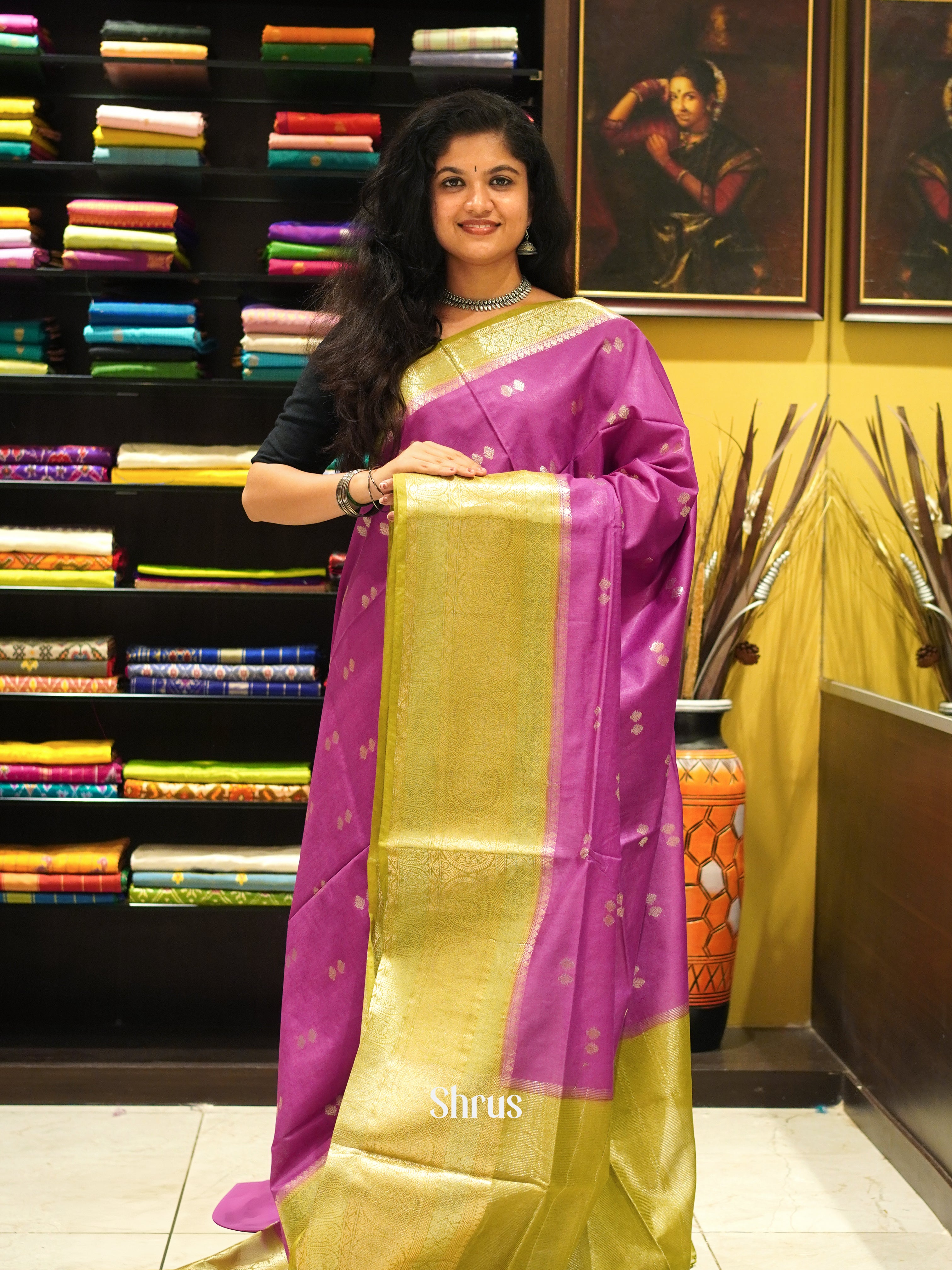 Majenta & Green - North silkcotton Saree - Shop on ShrusEternity.com