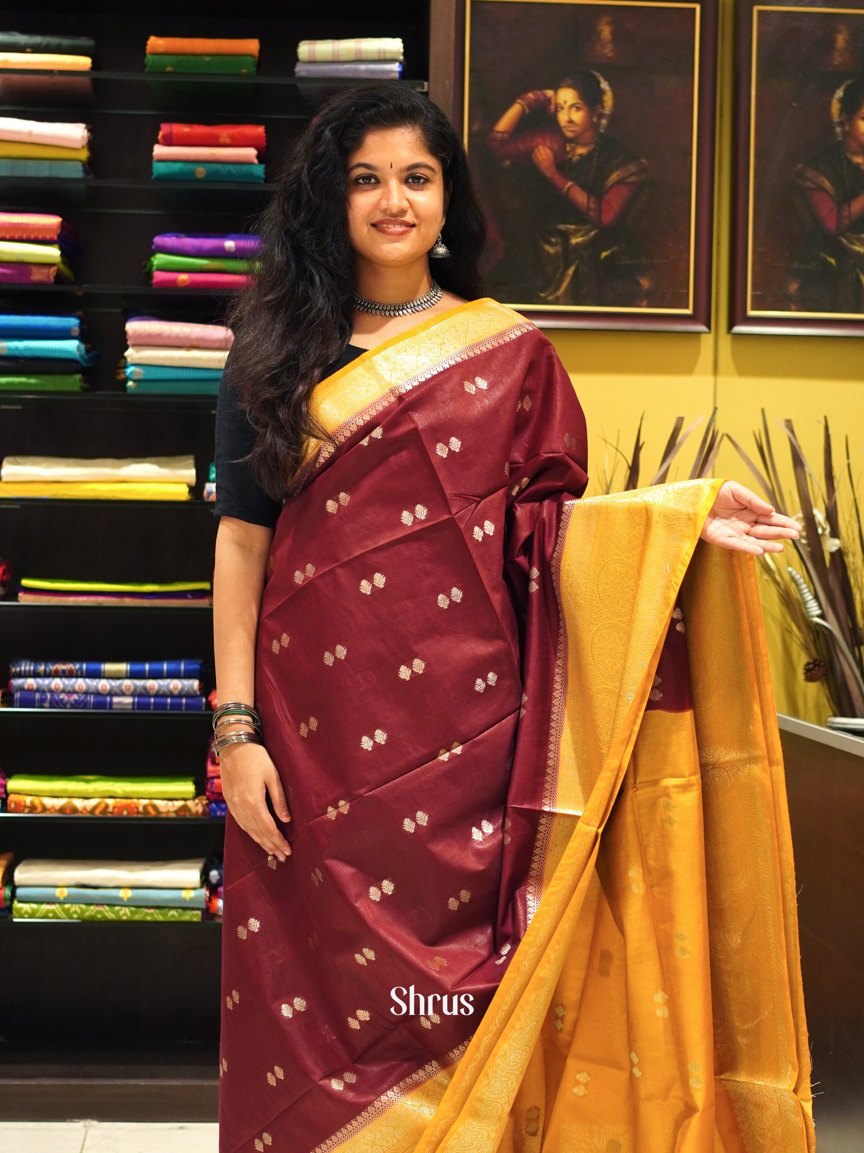 Maroon & Orange -North silkcotton Saree - Shop on ShrusEternity.com